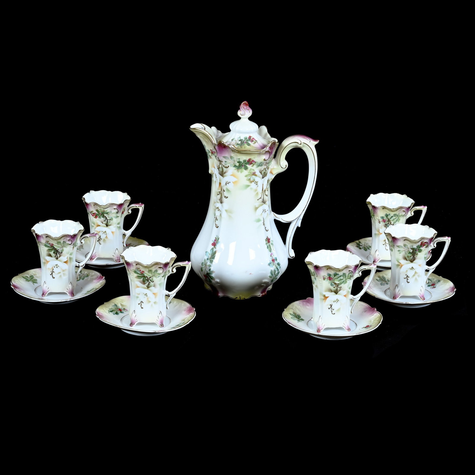 Chocolate Set, Marked R.S. Prussia: Chocolate Set, Marked R.S. Prussia, Green Shading To White With White Blossom, Berry, And Vine Decor, Chocolate Pot, 9.75 x 6.5 x 4.75 Inches, (6) 3.75" x 4.75" Cups And Saucers, Private Collection,