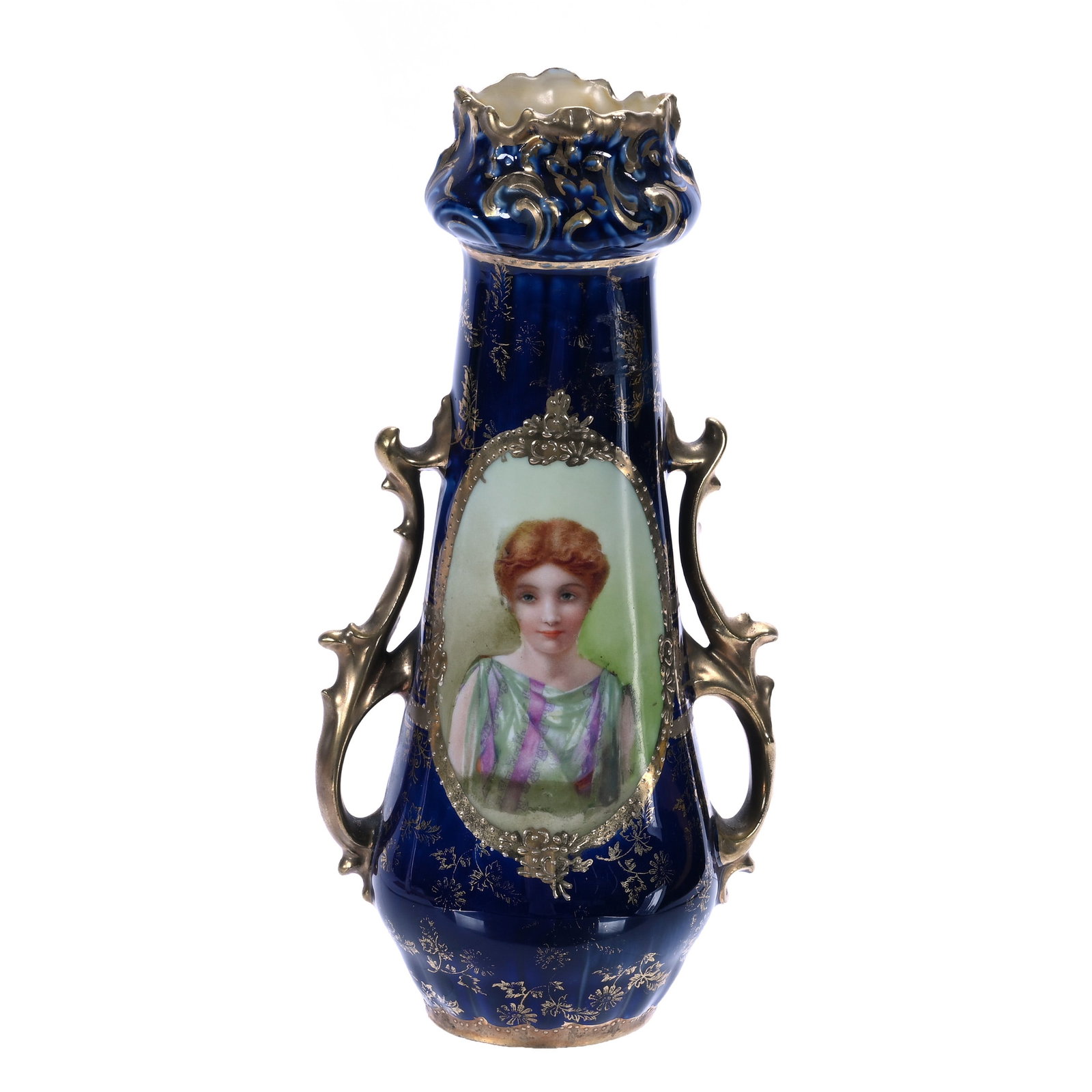 Two Handled Vase, Marked Royal Vienna: Two Handled Vase, Marked Royal Vienna, Cobalt Blue With Medallion Portrait Of Young Woman, Gold Stencil Highlights, 8 x 4 x 2.75 Inches, The Dr. James F. Shetlar Estate, Michigan, 0.5 Pounds. Effectiv