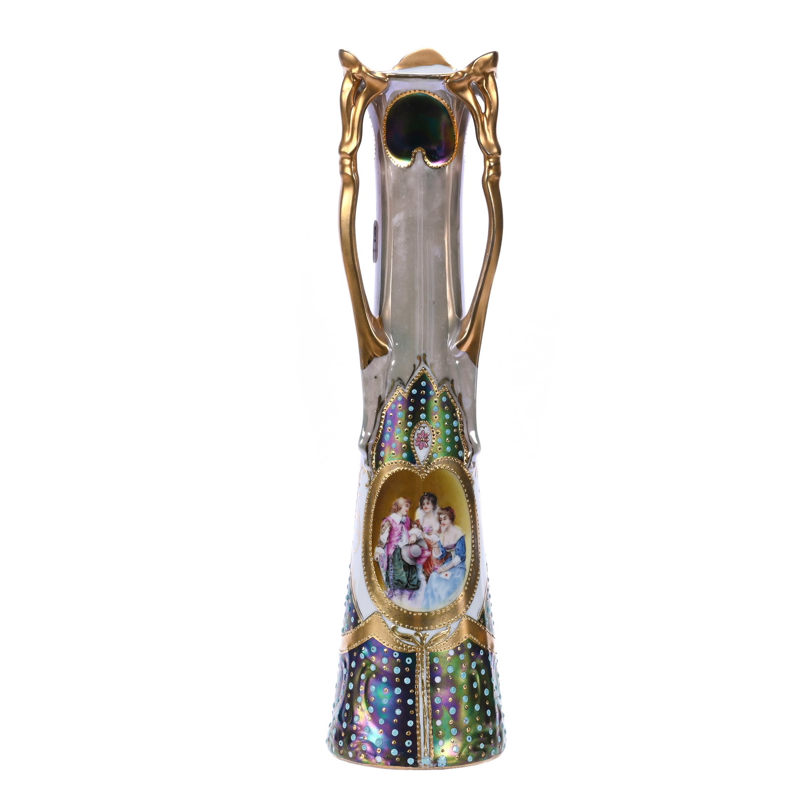 Three Handled Vase, Marked Prov Saxe: Three Handled Vase, Marked Prov Saxe, Green And White Luster Body With Iridescent Tiffany Border, Classic Medallion Courting Scene, Blue Enamel Beaded Tapestry Highlights, 11.5 x 3 x 3 Inches, The Dr.