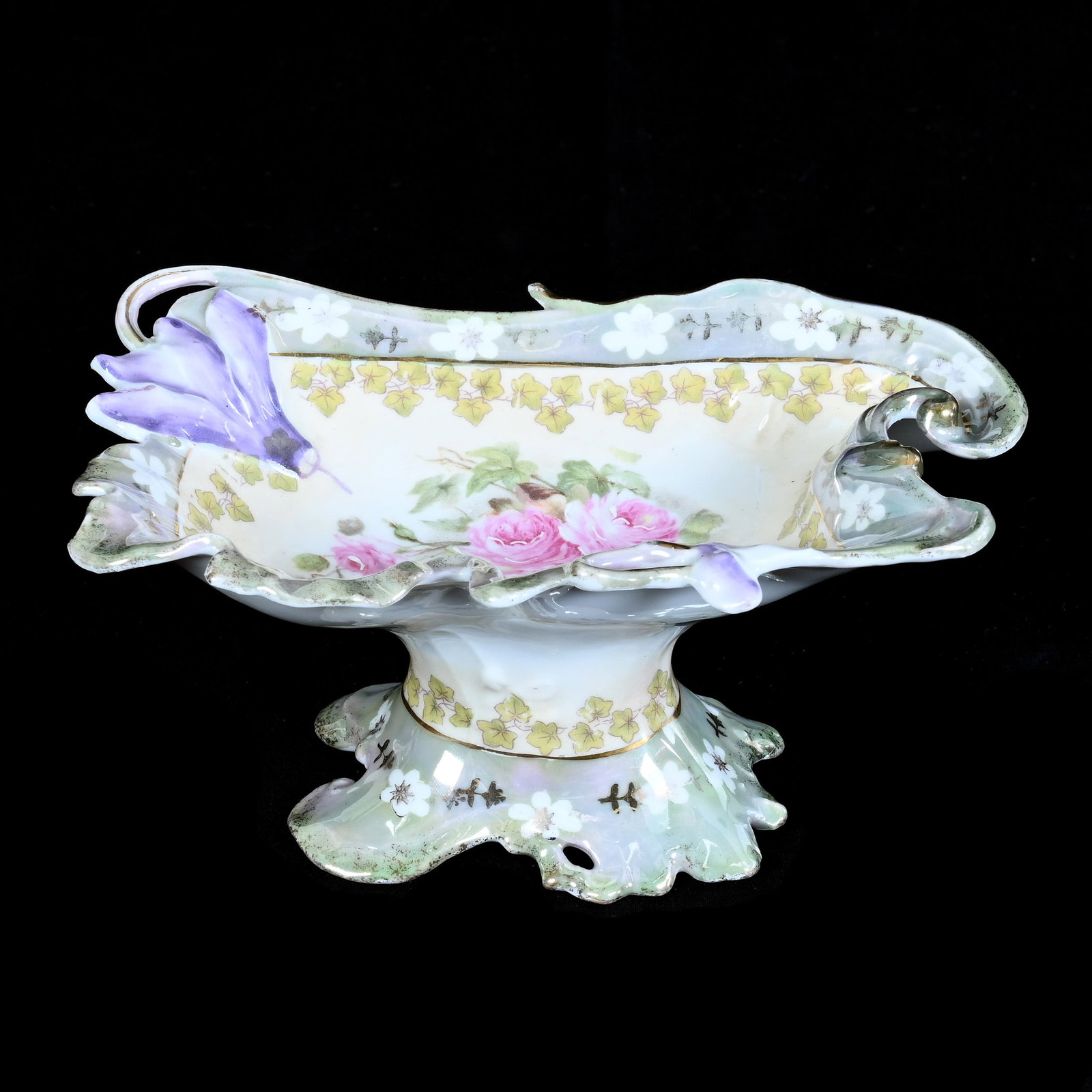 Pedestal Candy Dish, Unmarked R.S. Prussia: Pedestal Candy Dish, Unmarked R.S. Prussia, Cream And White Tones With Pink Rose Decor, Green Luster Border, Unique Mold, 7 x 4.5 x 3.25 Inches, Private Collection, Indiana, 0.4 Pounds. Effective