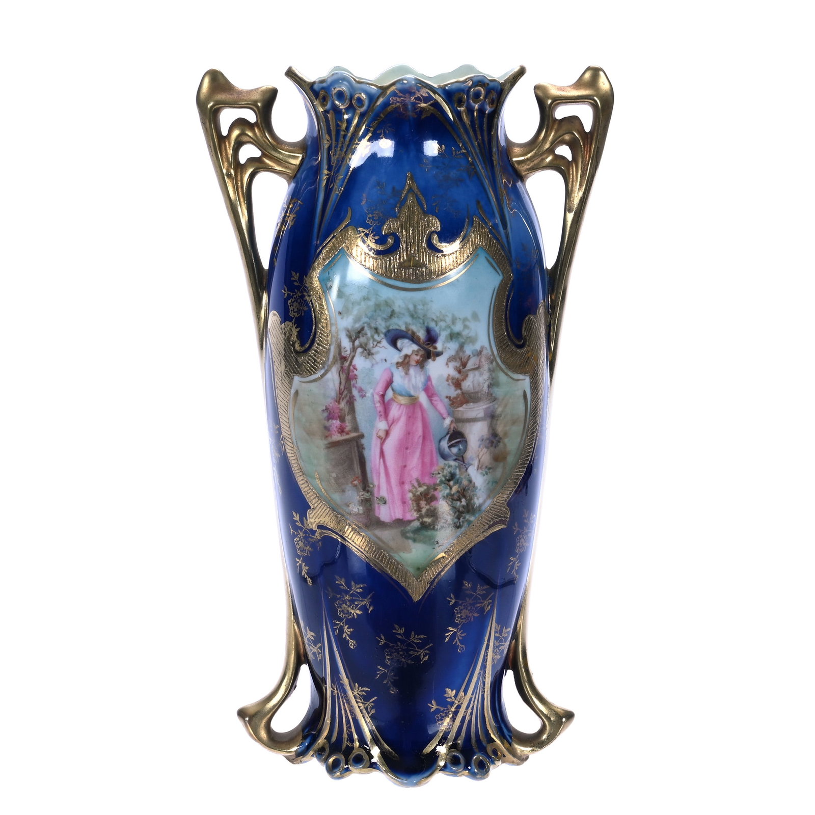 Two Handled Vase, Marked Royal Coburg: Two Handled Vase, Marked Royal Coburg, Cobalt Blue With Shield Shaped Medallion Featuring Woman With Watering Can, Gold Stencil Highlights, 7 x 4 x 3 Inches, The Dr. James F. Shetlar Estate,