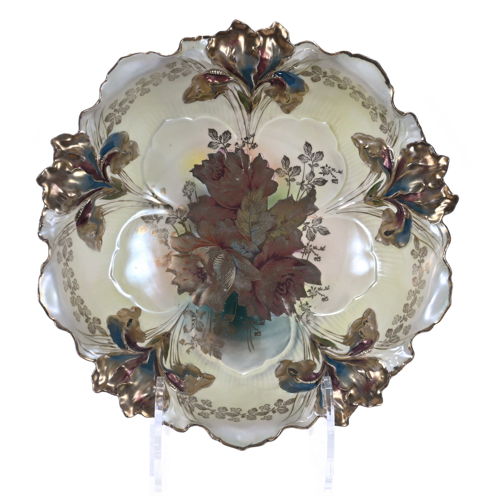 Bowl, Marked R.S. Prussia, Iris Mold: Bowl, Marked R.S. Prussia, Iris Mold, Yellow And Green Satin Finish With Gold Stylized Rose Decor, Three-Color Iris Highlights, 10.5 x 10.5 x 3 Inches, Ronald & Carolyn Smith Collection, Ohio, 1.2