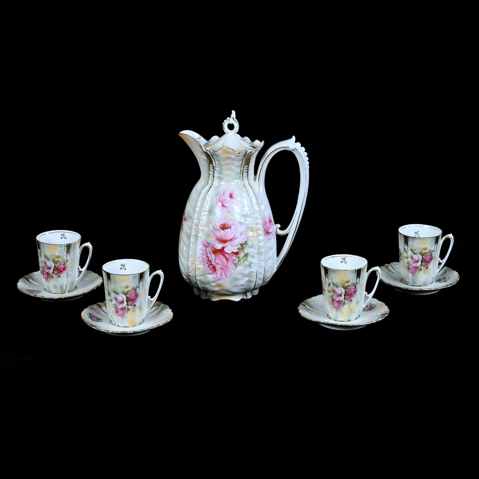 Chocolate Set, R.S. Prussia, Mold 536: Chocolate Set, R.S. Prussia, Mold 536, White, Orange, And Green Satin Finish With Pink Rose Decor, Chocolate Pot, 9.5 x 6.75 x 4.75 Inches, (4) 3" x 4.5" Cups And Saucers, The Dr. James F. Shetlar