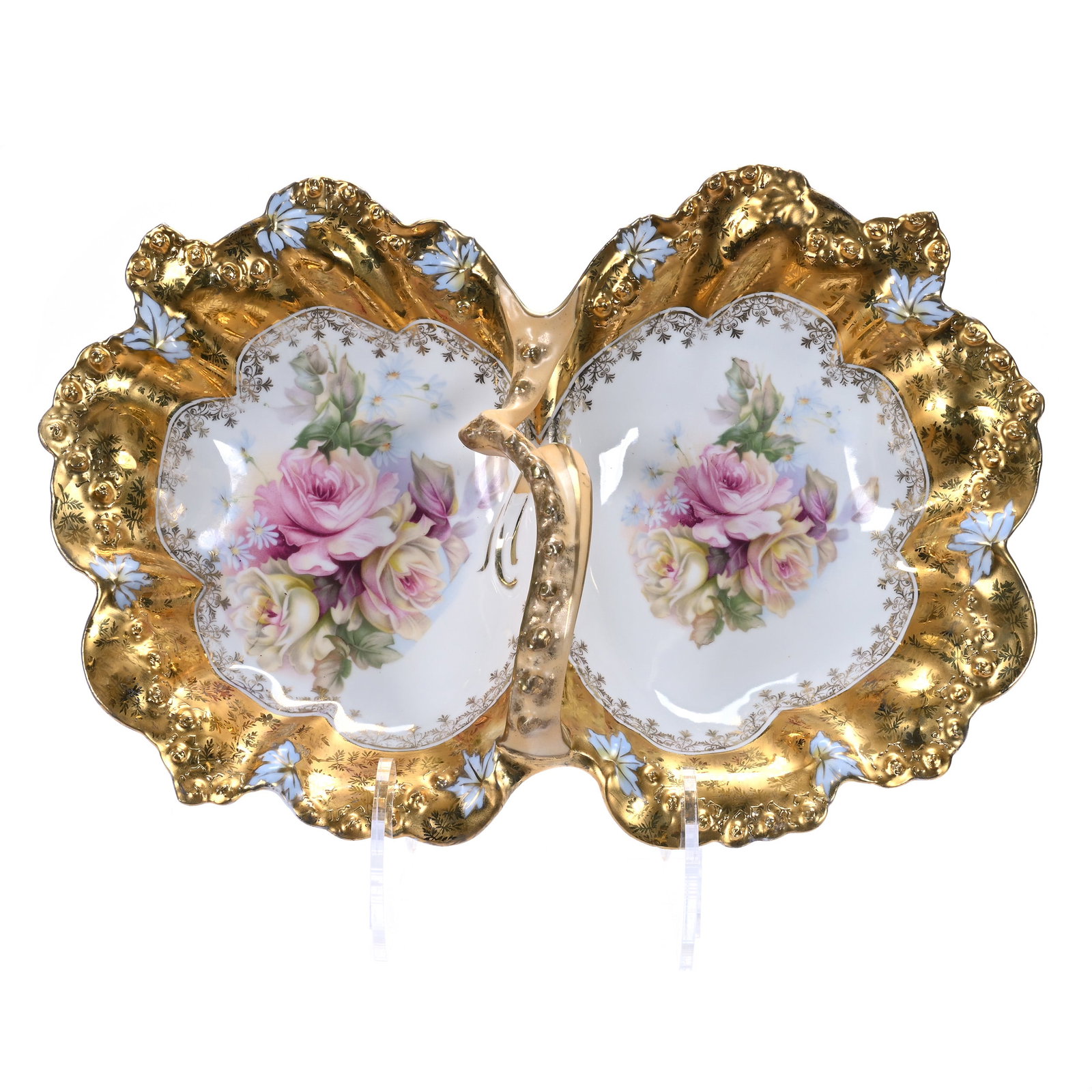 Handled Divided Bowl, Unmarked R.S. Prussia, Rosebud Mold: Handled Divided Bowl, Unmarked R.S. Prussia, Rosebud Mold, White With Pink And Yellow Rose Decor, Bright Gold Border, 14 x 9.75 x 4 Inches, Private Collection, Indiana, 1.8 Pounds. Effective 6/6/26,