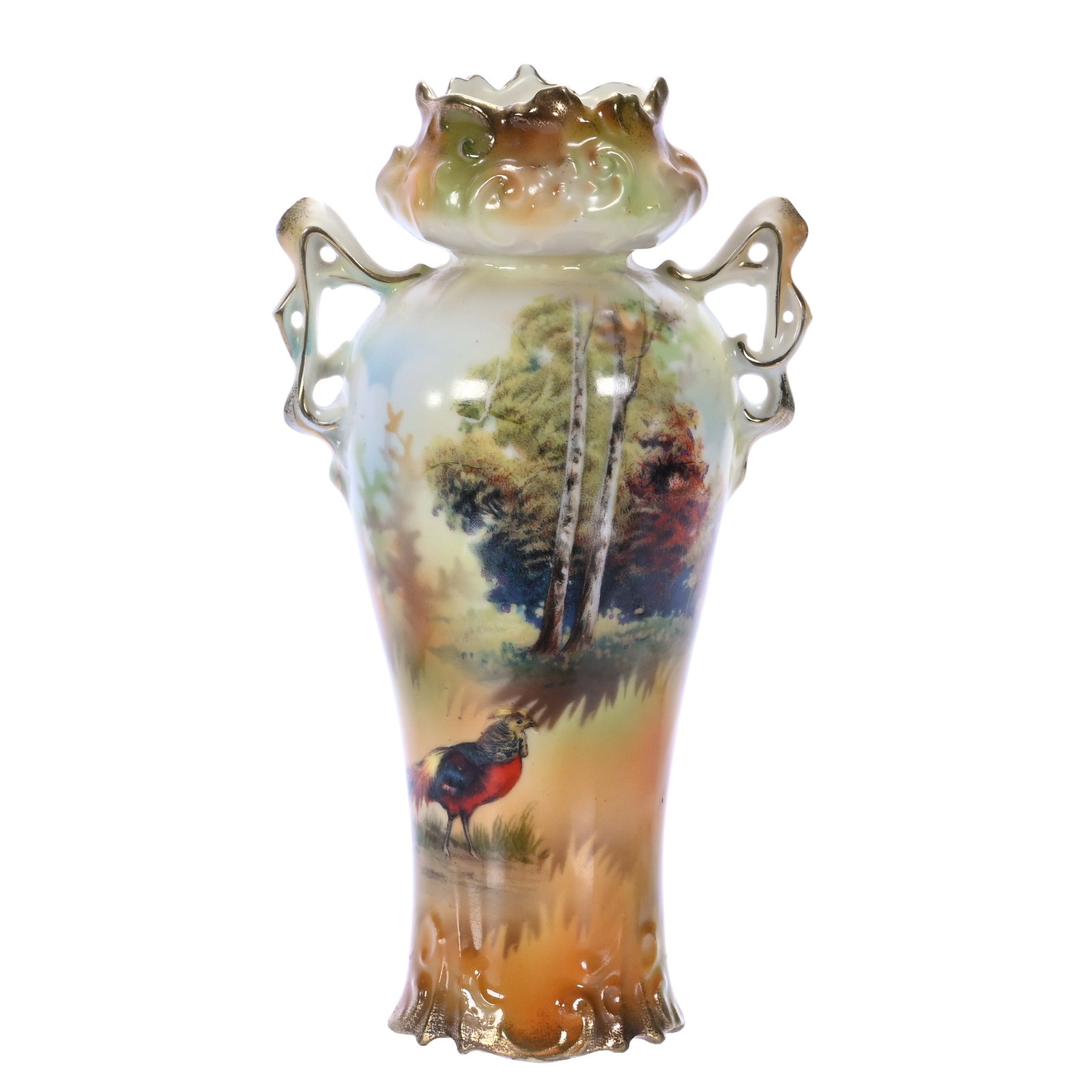 Two Handled Vase, Marked R.S. Prussia, (Salesman Sample): Two Handled Vase, Marked R.S. Prussia, (Salesman Sample), Brown Tones With Pheasant Scenic Decor, 6 x 3.5 x 2.5 Inches, The Dr. James F. Shetlar Estate, Michigan, 0.3 Pounds. Effective 6/6/26, All