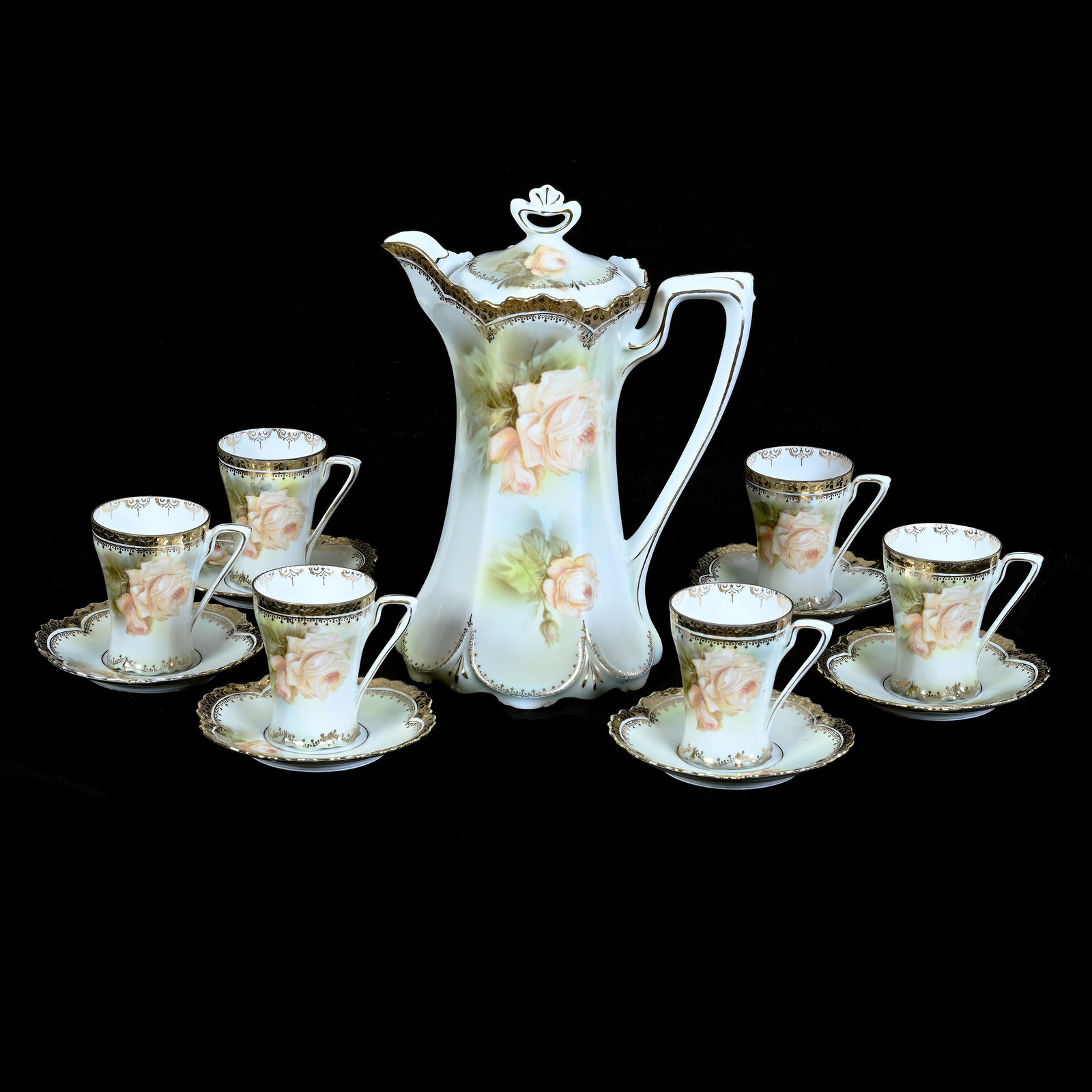 Chocolate Set, Marked R.S. Prussia: Chocolate Set, Marked R.S. Prussia, Green, Blue, And White Tones With Pink Rose Decor, Nice Brocaded Gold Border, Chocolate Pot, 9.5 x 7.25 x 5.25 Inches, (6) 3.25" x 4.5" Cups And Saucers, Private