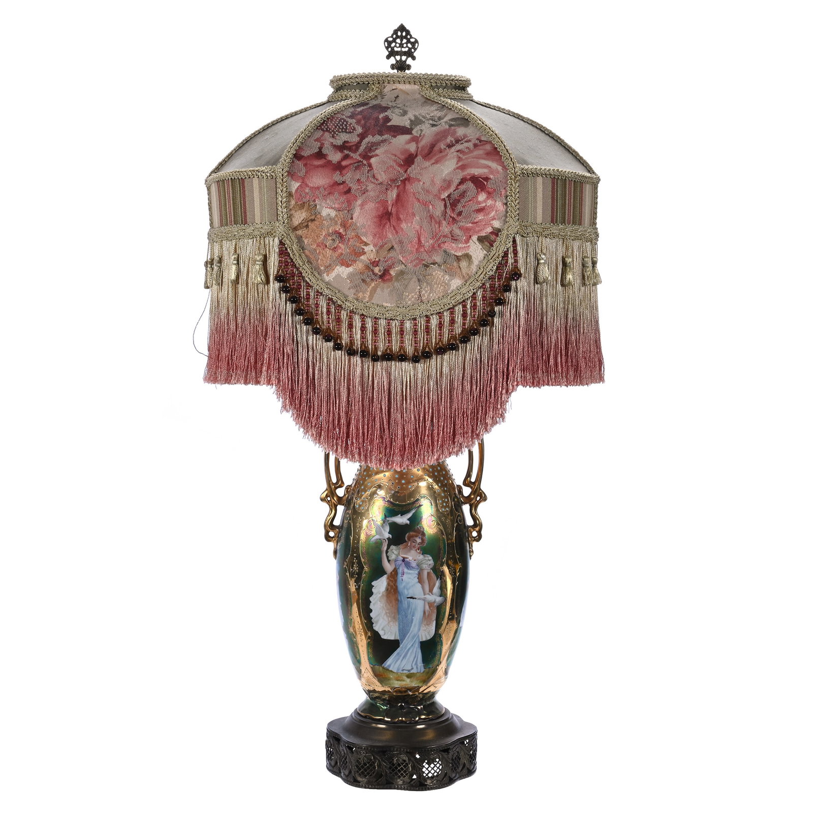 Table Lamp, Unmarked Prov Saxe, Two Handled Vase Form: Table Lamp, Unmarked Prov Saxe, Two Handled Vase Form, Iridescent Tiffany Background With Four Panels Featuring Woman With Peacock And Woman With Doves, Heavy Gold With Blue Beaded Enamel Highlights, 