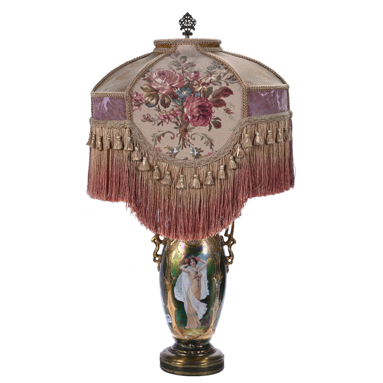 Table Lamp, Unmarked Prov Saxe, Two Handled Vase Form: Table Lamp, Unmarked Prov Saxe, Two Handled Vase Form, Iridescent Tiffany Background With Four Panels Featuring Woman With Peacock And Woman With Doves, Heavy Gold With Blue Beaded Enamel Highlights, 