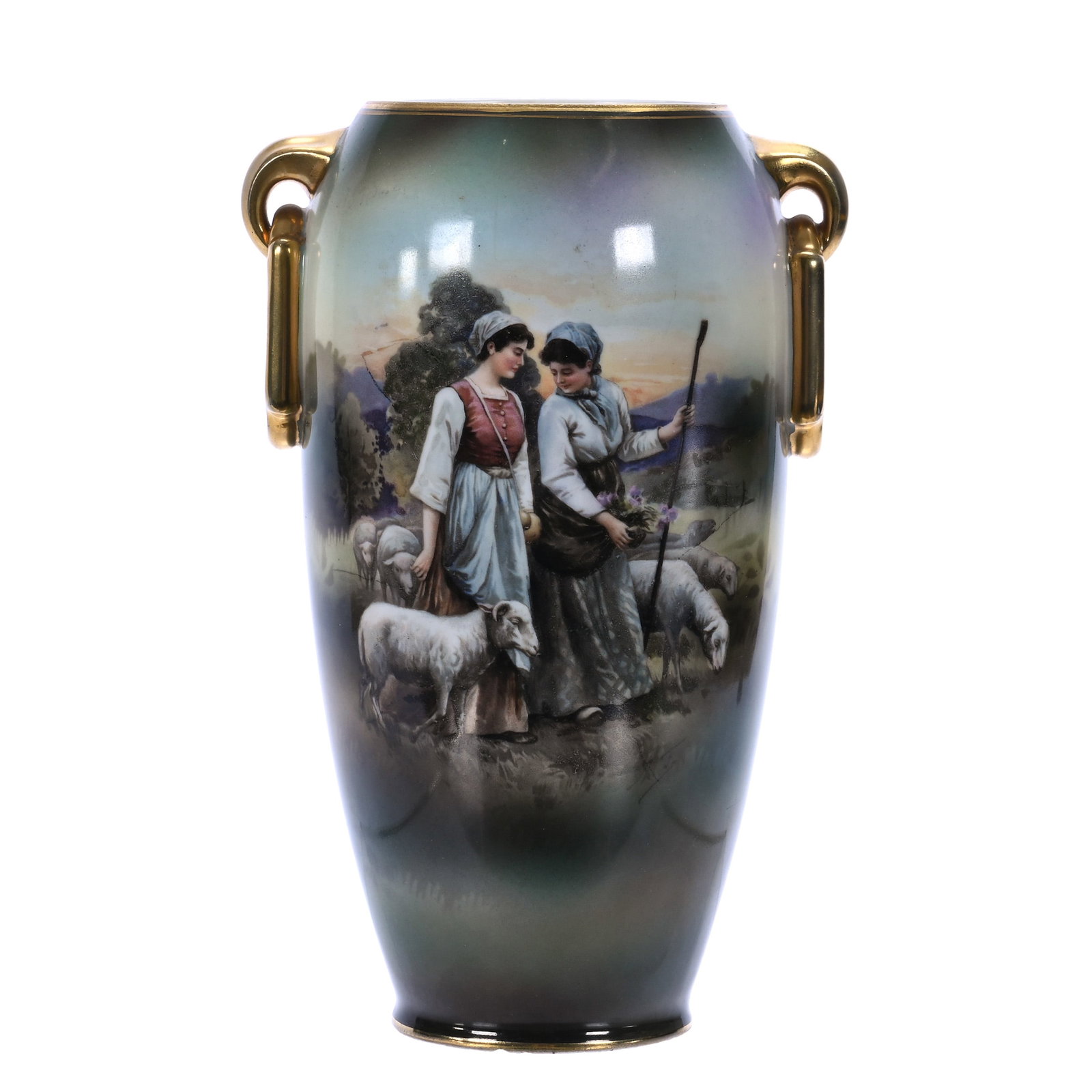 Two Handled Vase, Marked R.S. Suhl: Two Handled Vase, Marked R.S. Suhl, Shepherdess Scenic Decor With Green And Yellow Tones, 8 x 5 x 4.25 Inches, The Dr. James F. Shetlar Estate, Michigan, 1.3 Pounds. Effective 6/6/26, All