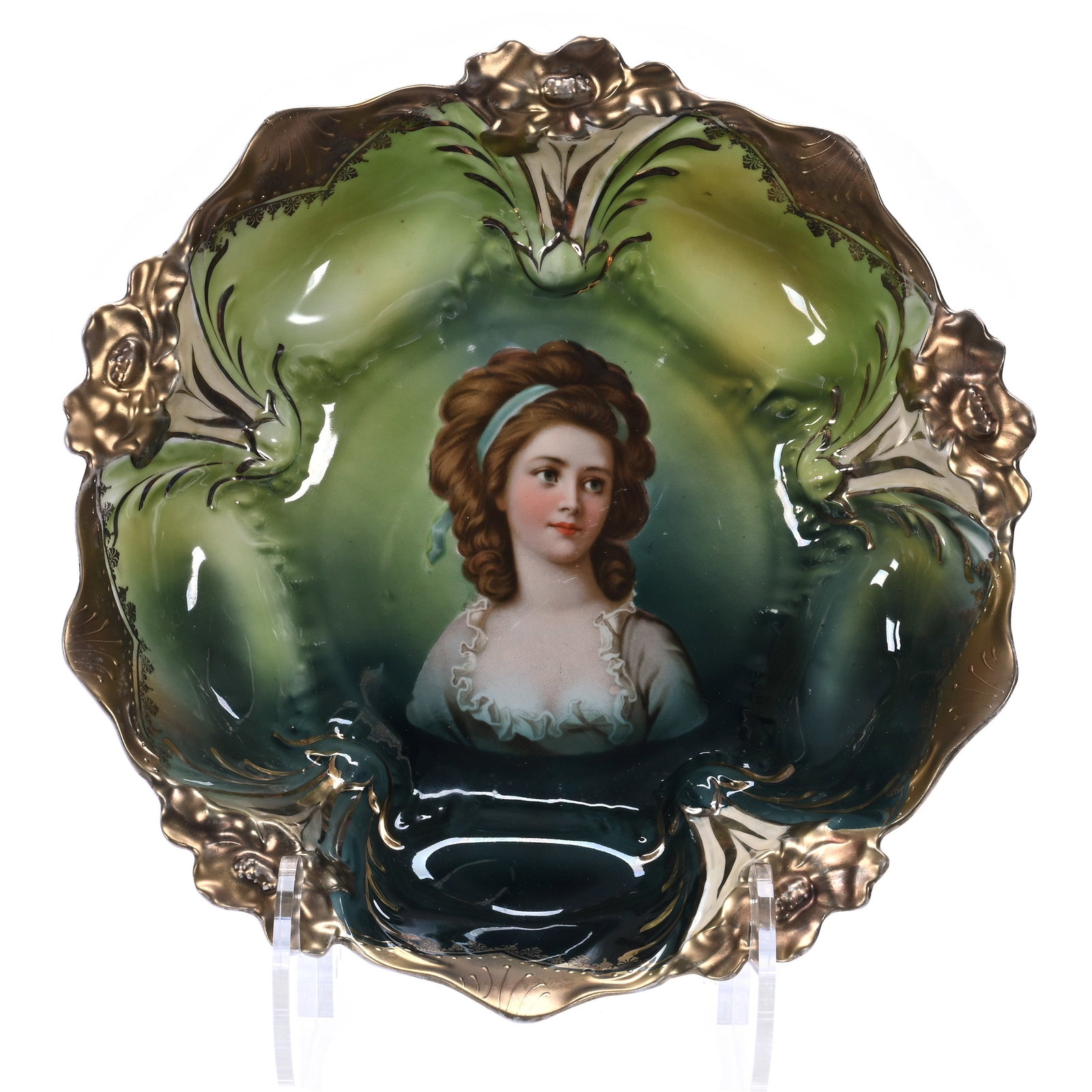 Bowl, Unmarked R.S. Prussia, Lily Mold: Bowl, Unmarked R.S. Prussia, Lily Mold, Green And Yellow Ground With Potocka Portrait, Heavy Gold Trim, 10.5 x 10.5 x 3 Inches, Private Collection, Indiana, 1.3 Pounds. Effective 6/6/26, All LiveAucti