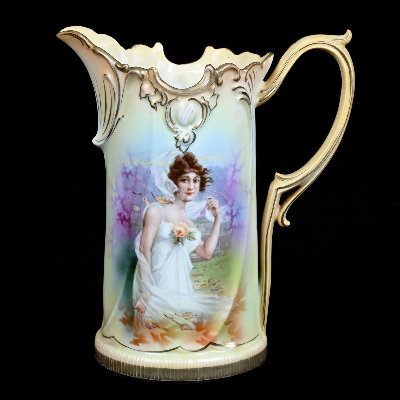 Pitcher, Marked R.S. Prussia: Pitcher, Marked R.S. Prussia, Fall Season Portrait Decor, Cream, Lavender, And Yellow Tones, 9.25 x 8.25 x 4.75 Inches, The Dr. James F. Shetlar Estate, Michigan, 2 Pounds. Effective 6/6/26, All LiveA