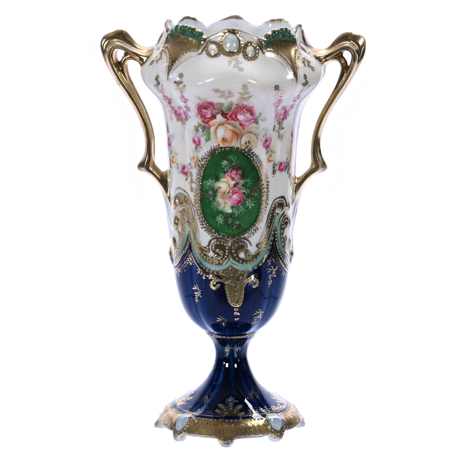 Pedestal Two Handled Vase, Marked R.S. Prussia, Jewel Mold: Pedestal Two Handled Vase, Marked R.S. Prussia, Jewel Mold, White And Cobalt Blue With Green Trim, Green Medallion With Rose Decor, Opal Jewel Highlights, 7.75 x 5 x 3.5 Inches, Marlene and the late D
