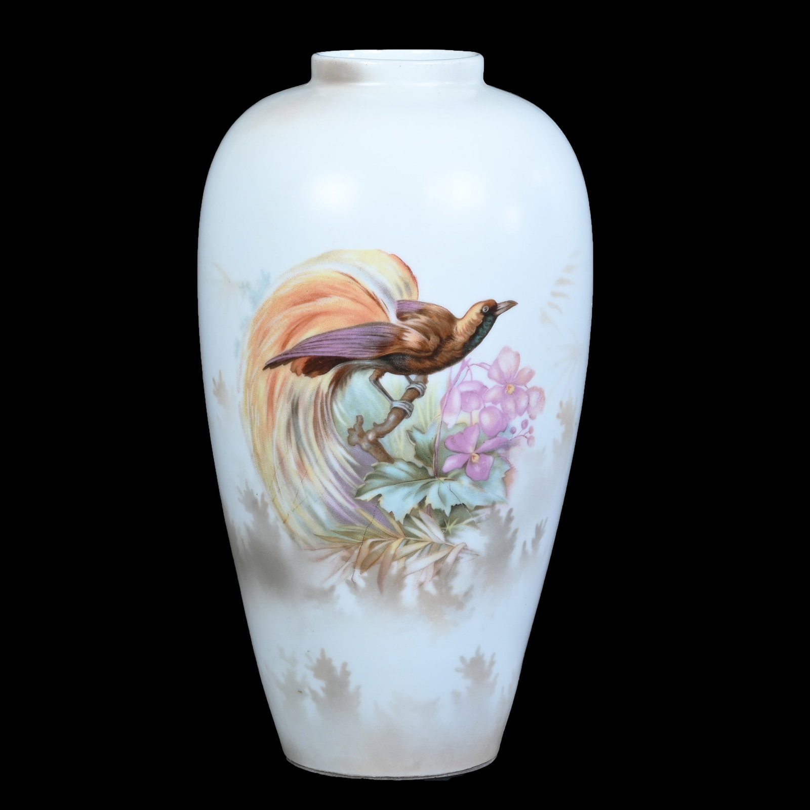 Vase, Unmarked R.S. Prussia, Bird Of Paradise Scenic Decor: Vase, Unmarked R.S. Prussia, Bird Of Paradise Scenic Decor, White And Cream Satin Finish, 8.5 x 4.5 x 4.5 Inches, The Dr. James F. Shetlar Estate, Michigan, 1.1 Pound. Effective 6/6/26, All LiveAuctio
