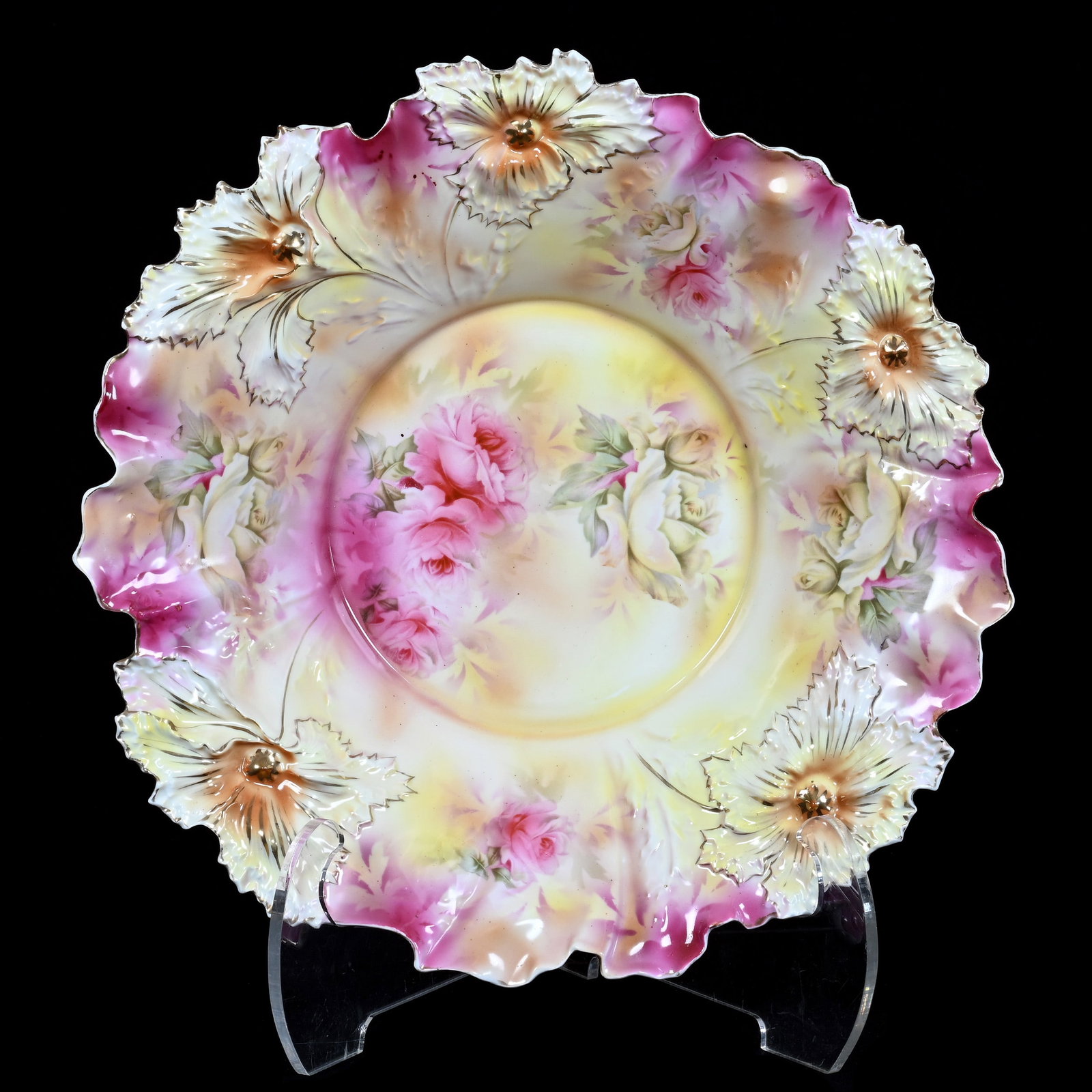 Center Bowl, Marked R.S. Prussia, Carnation Mold: Center Bowl, Marked R.S. Prussia, Carnation Mold, Pink And Yellow Tones With Pink And Yellow Rose Decor, 15 x 15 x 3.5 Inches, The Dr. James F. Shetlar Estate, Michigan, 2.7 Pounds. Effective 6/6/26, 