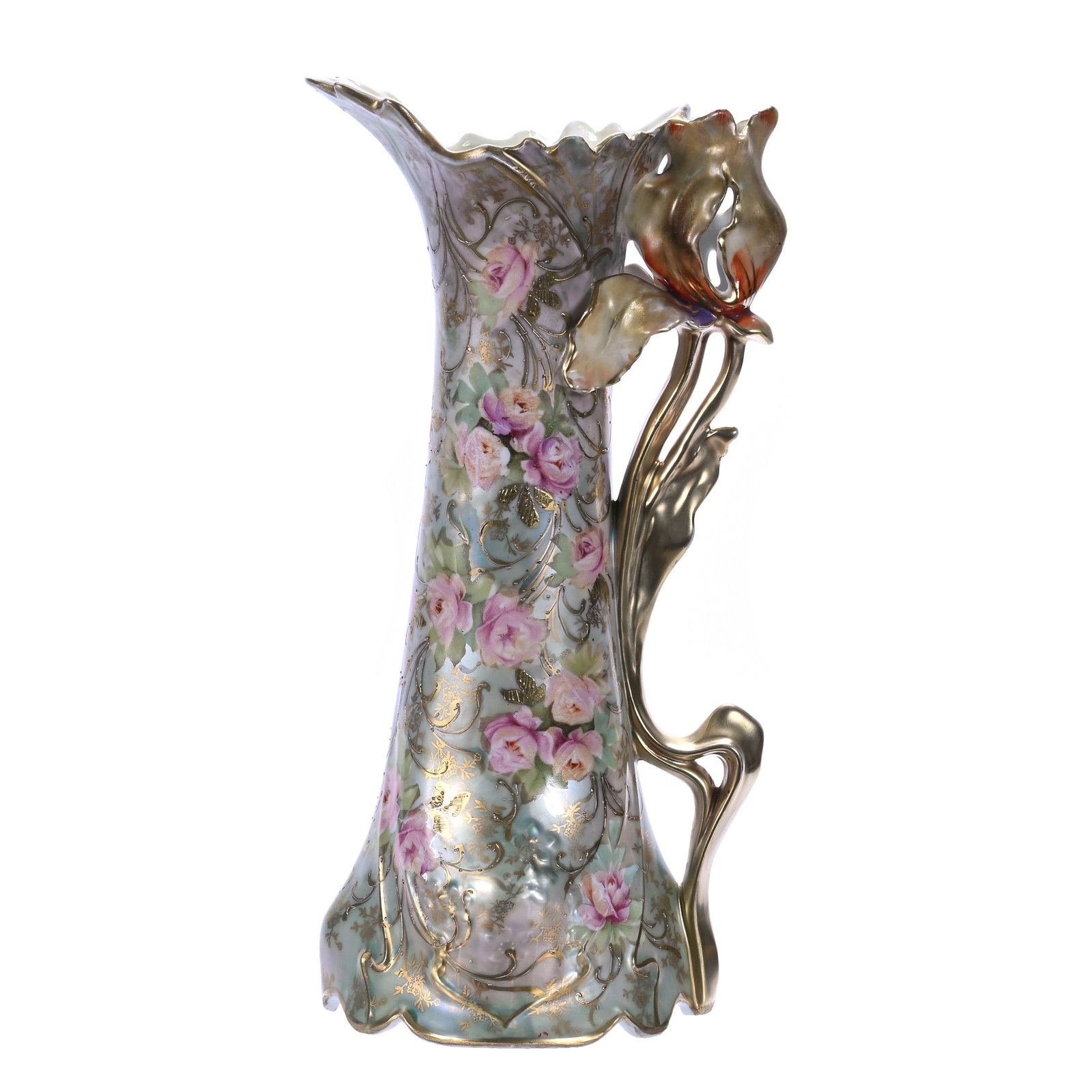 Tulip Handled Pitcher, Marked Royal Vienna: Tulip Handled Pitcher, Marked Royal Vienna, Green, Lavender, And White Satin Finish With Pink Rose Decor And Gold Stencil Highlights, Professional Spout Repair, 11.5 x 5.75 x 4.5 Inches, Marlene and t