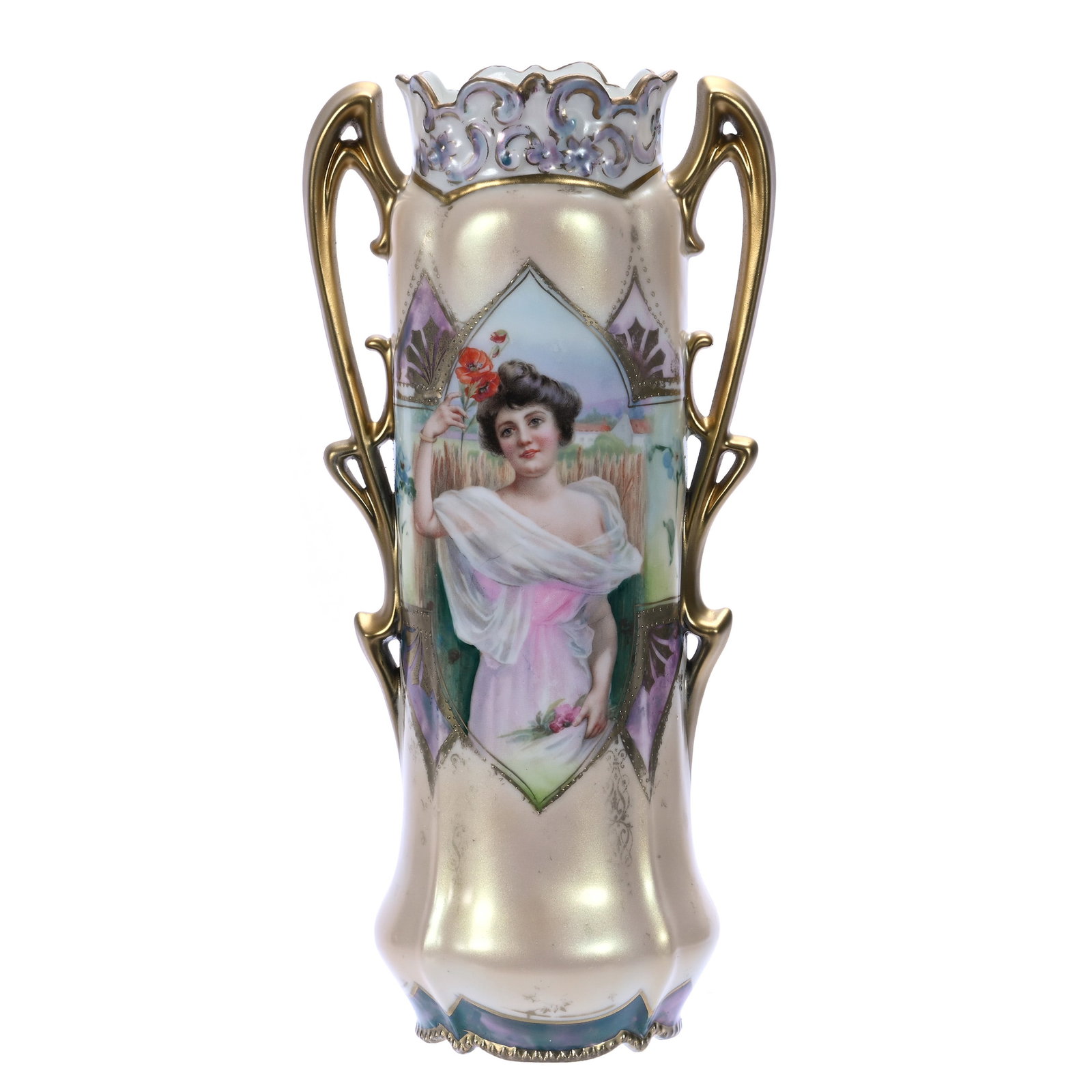 Two Handled Vase, Marked R.S. Prussia: Two Handled Vase, Marked R.S. Prussia, Summer Season Portrait Decor, Peach Satin Finish, Heavy Gold Trim, 11.5 x 5.5 x 4 Inches, Bob & JoAnn Bozell Collection, IN, 1.5 Pounds. Effective 6/6/26, All Li