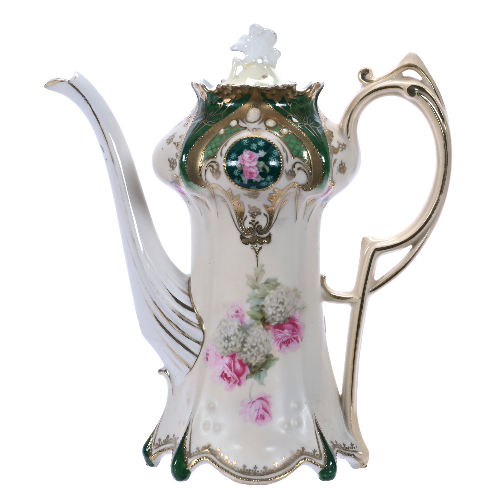 Coffee Pot, Marked R.S. Prussia, Point And Clover Mold: Coffee Pot, Marked R.S. Prussia, Point And Clover Mold, Cream Tones With Snowball And Rose Decor, Green And Gold Trim Highlights, Opal Jewels, 9.25 x 8.25 x 4.25 Inches, Bob & JoAnn Bozell Collection,