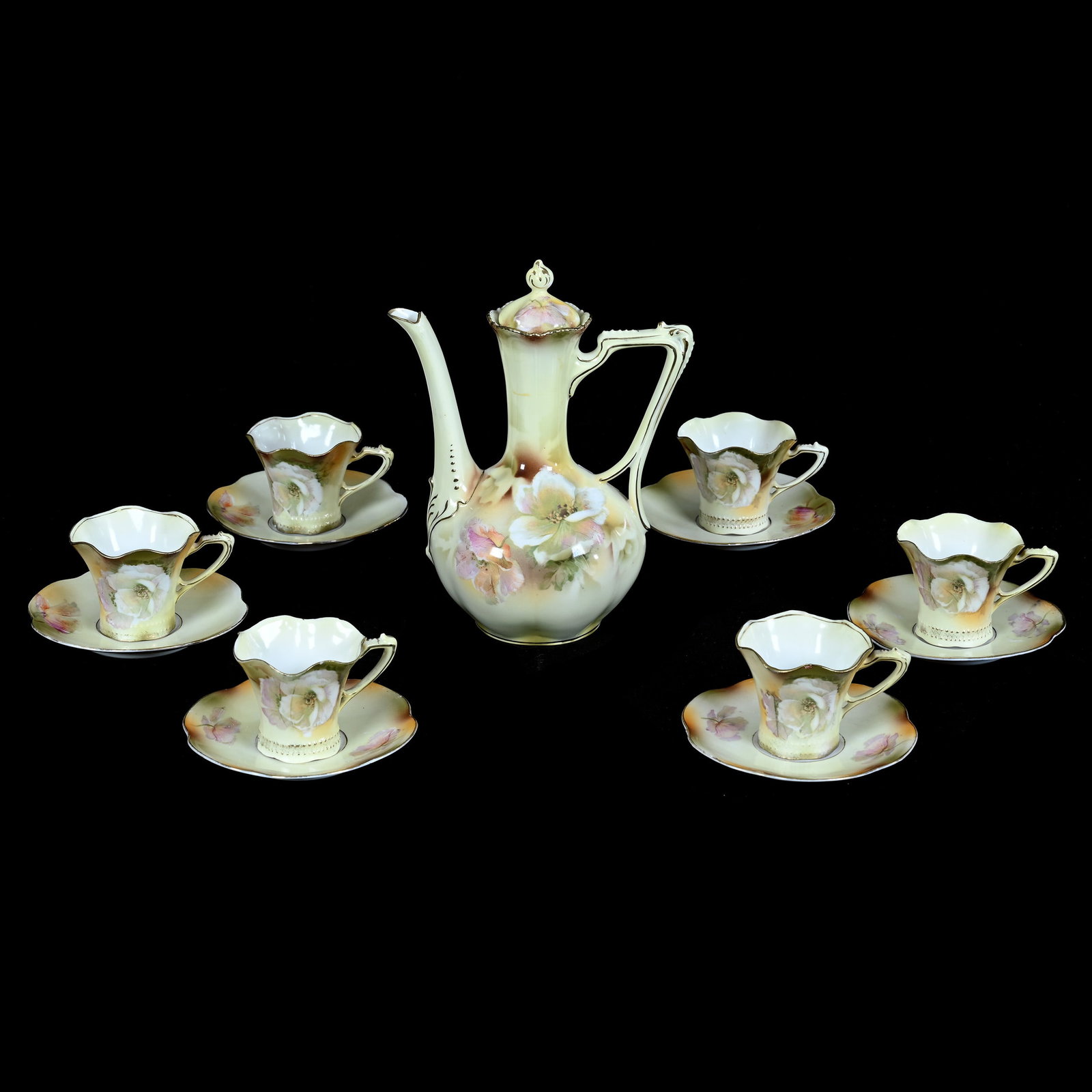 Demitasse Set, Marked R.S. Prussia, Mold 704: Demitasse Set, Marked R.S. Prussia, Mold 704, Yellow And Green Tones With White Poppy Decor, (1) Demitasse Pot With (6) Cups And Saucers, 7.5 x 6 x 4 Inches, Bob & JoAnn Bozell Collection, IN, 1.5 Pou