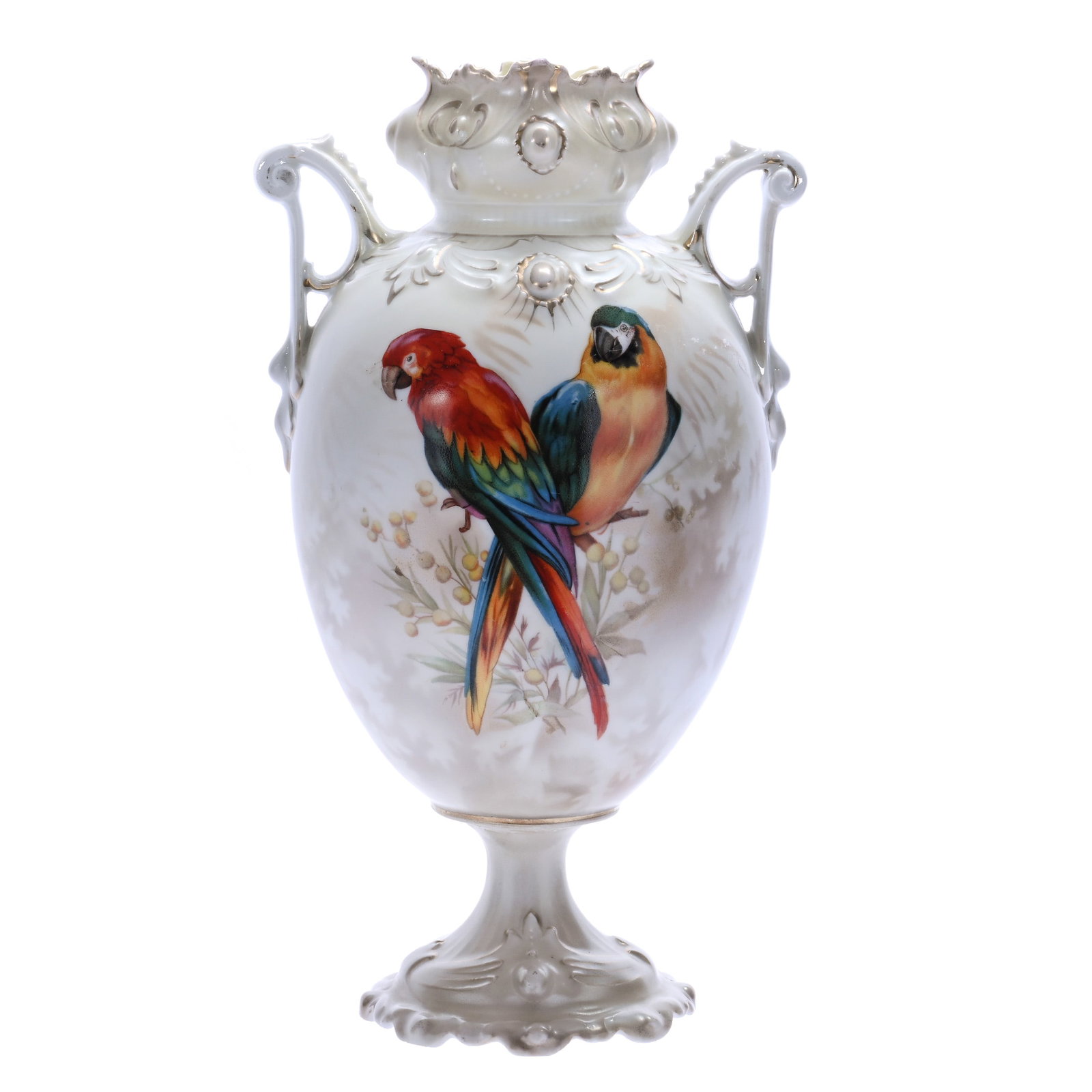 Pedestal Two Handled Vase, Marked R.S. Prussia, Ribbon And Jewel Mold: Pedestal Two Handled Vase, Marked R.S. Prussia, Ribbon And Jewel Mold, Rare Parrot Scenic Decor, Satin Finish, White And Gray Tones, 10 x 5.5 x 4.75 Inches, Bob & JoAnn Bozell Collection, IN, 1.2 Poun