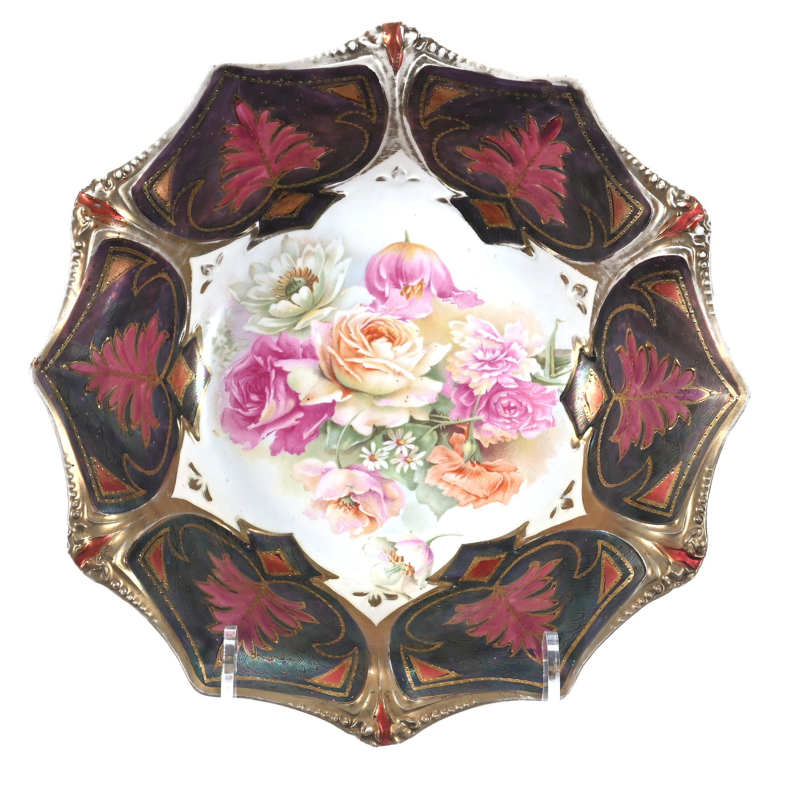 Bowl, Marked R.S. Prussia: Bowl, Marked R.S. Prussia, White Center With Colorful Floral Decor, Peacock Tiffany Border With Pink Leaf And Bronze Section Highlights, 10.75 x 10.75 x 3 Inches, Bob & JoAnn Bozell Collection, IN, 1.