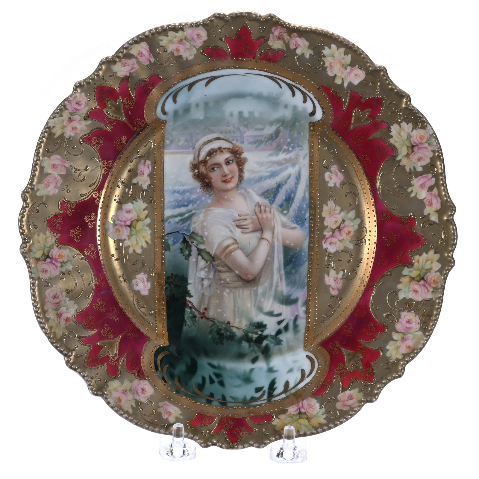 Plate, Marked R.S. Prussia, Mold 343: Plate, Marked R.S. Prussia, Mold 343, Winter Season Keyhole Portrait, Red And Gold Border, 8.75 x 8.75 x 0.75 Inches, Bob & JoAnn Bozell Collection, IN, 0.7 Pounds. Effective 6/6/26, All LiveAuctionee