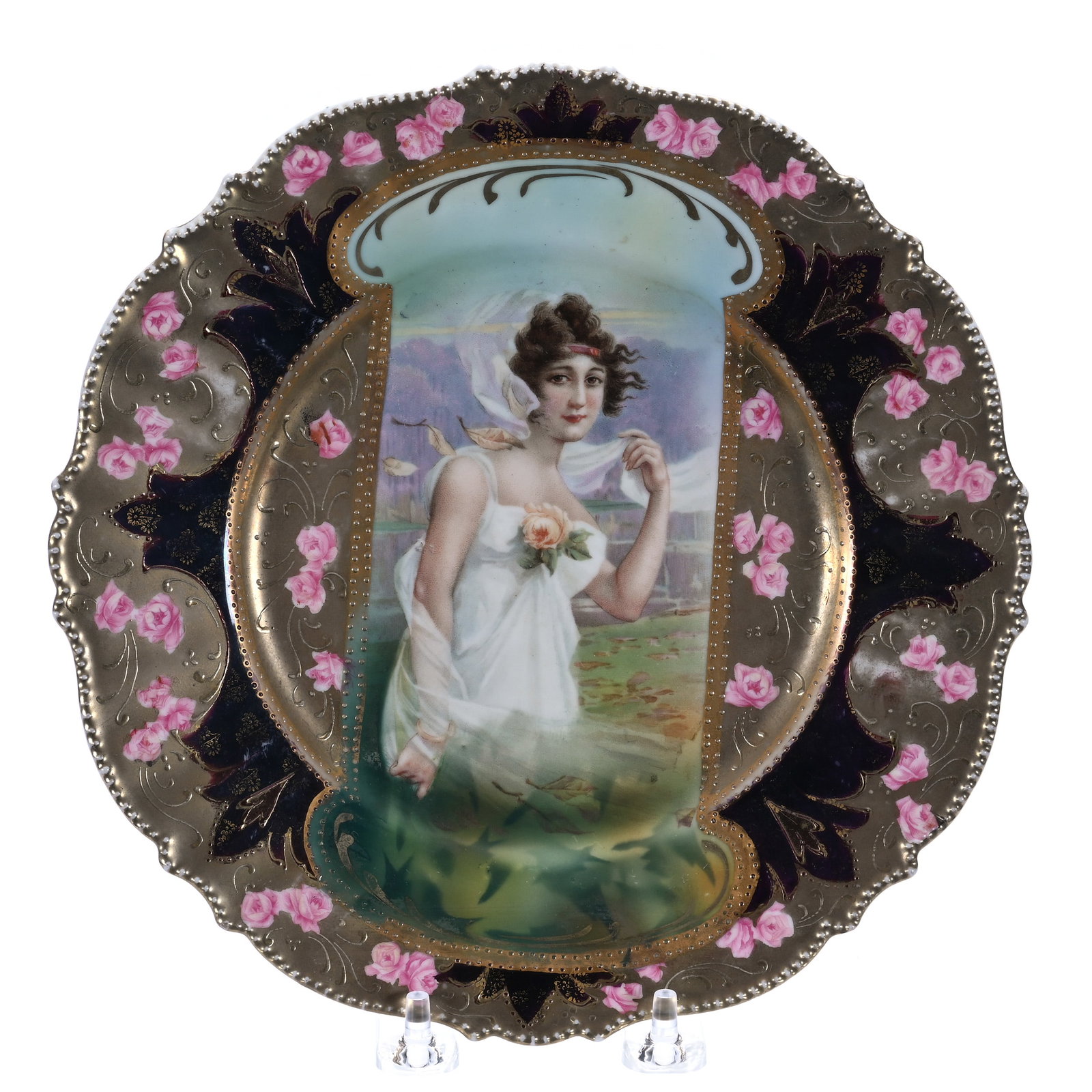 Plate Marked R.S. Prussia, Mold 343: Plate Marked R.S. Prussia, Mold 343, Fall Season Keyhole Portrait, Dark Iridescent Lavender And Gold Border, Some Gold Wear, 8.75 x 8.75 x 0.75 Inches, Bob & JoAnn Bozell Collection, IN, 0.7 Pounds. E