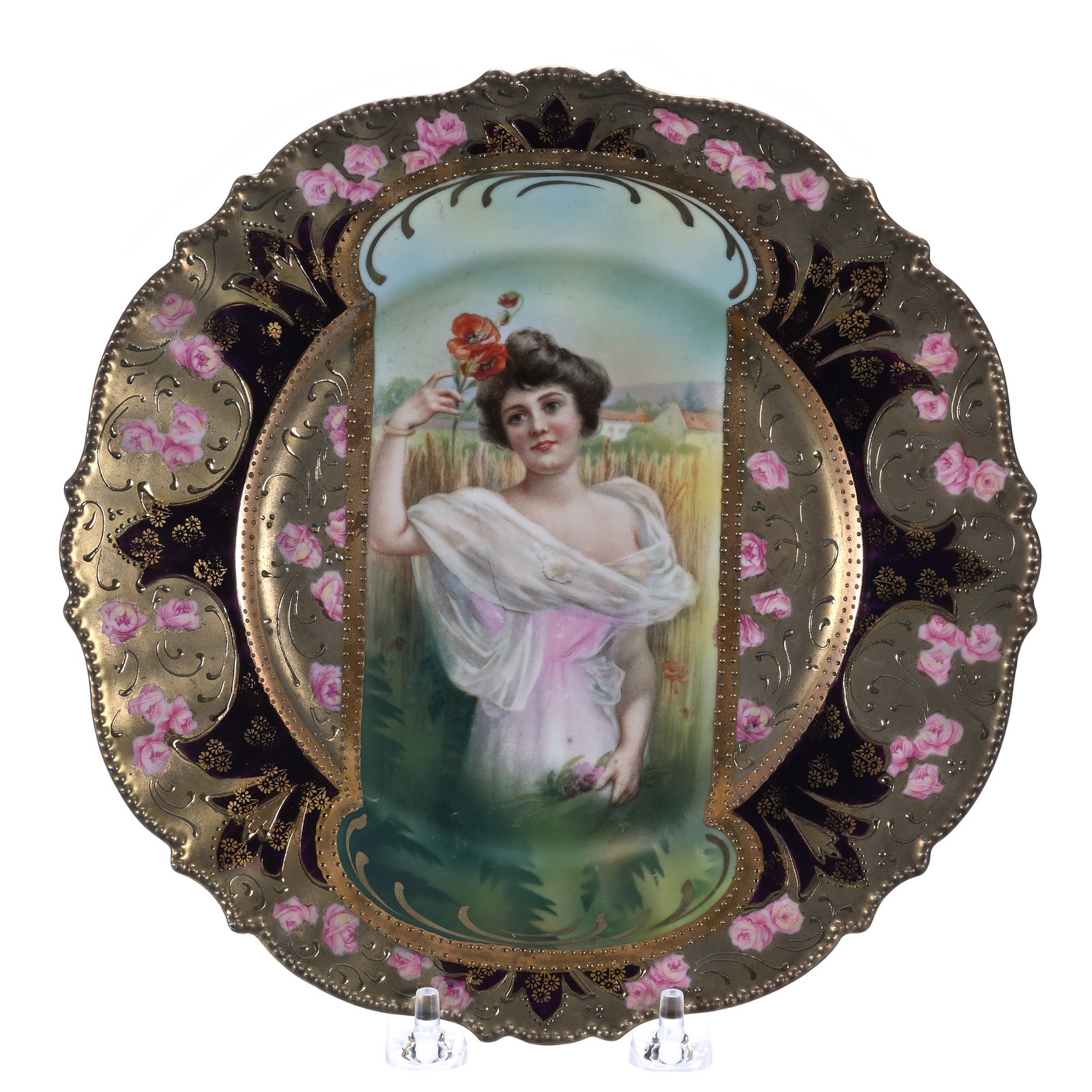 Plate Marked R.S. Prussia, Mold 343: Plate Marked R.S. Prussia, Mold 343, Summer Season Keyhole Portrait, Dark Iridescent Lavender And Gold Border, 9 x 9 x 0.75 Inches, Bob & JoAnn Bozell Collection, IN, 0.7 Pounds. Effective 6/6/26, All