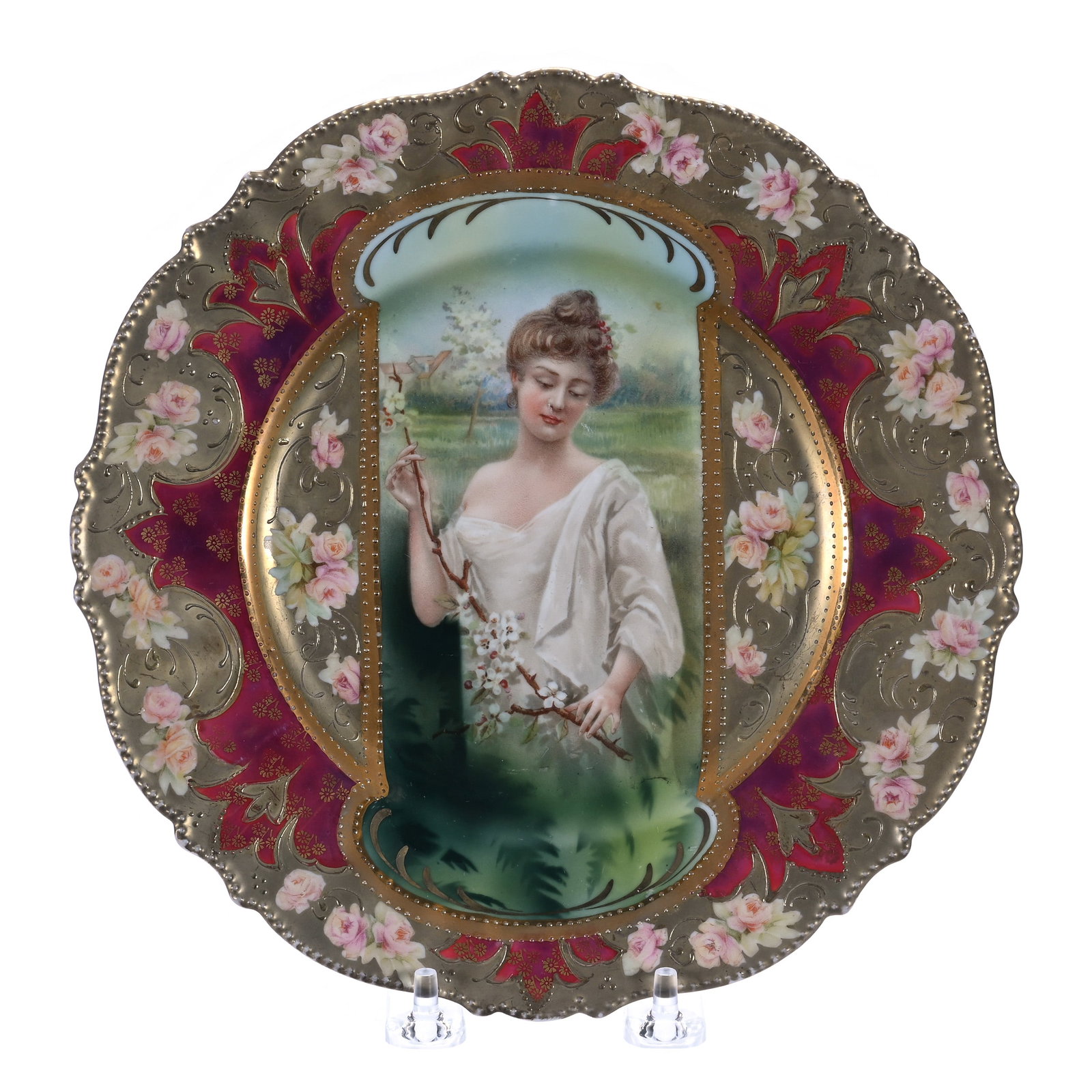 Plate Marked R.S. Prussia, Mold 343: Plate Marked R.S. Prussia, Mold 343, Spring Season Keyhole Portrait, Red And Gold Border, 8.75 x 8.75 x 0.75 Inches, Bob & JoAnn Bozell Collection, IN, 0.7 Pounds. Effective 6/6/26, All LiveAuctioneer