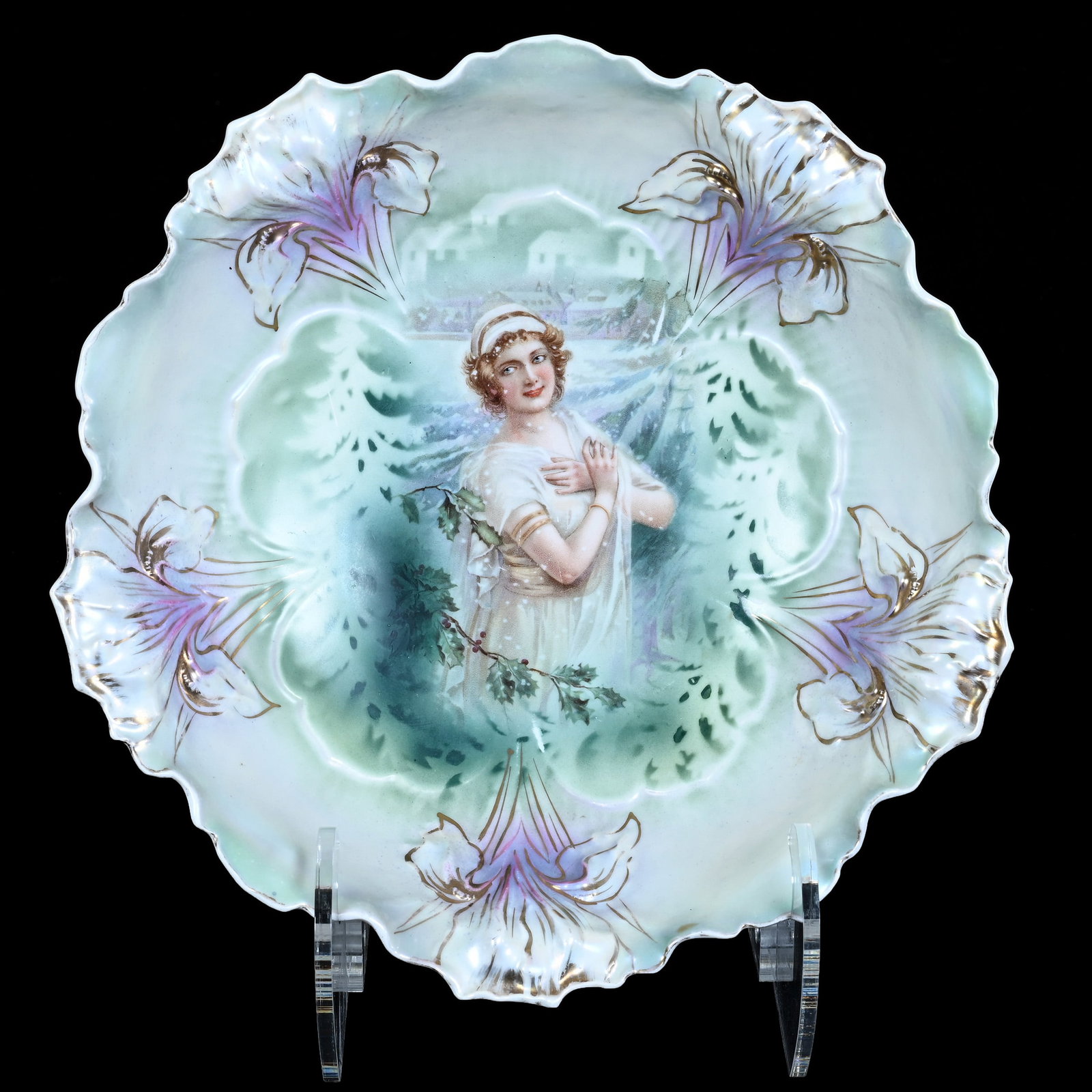 Bowl, Marked R.S. Prussia, Iris Mold: Bowl, Marked R.S. Prussia, Iris Mold, Winter Season Portrait, Green, White, And Lavender Satin Finish, 10 x 10 x 2.75 Inches, Bob & JoAnn Bozell Collection, IN, 1.1 Pound. Effective 6/6/26, All LiveAu