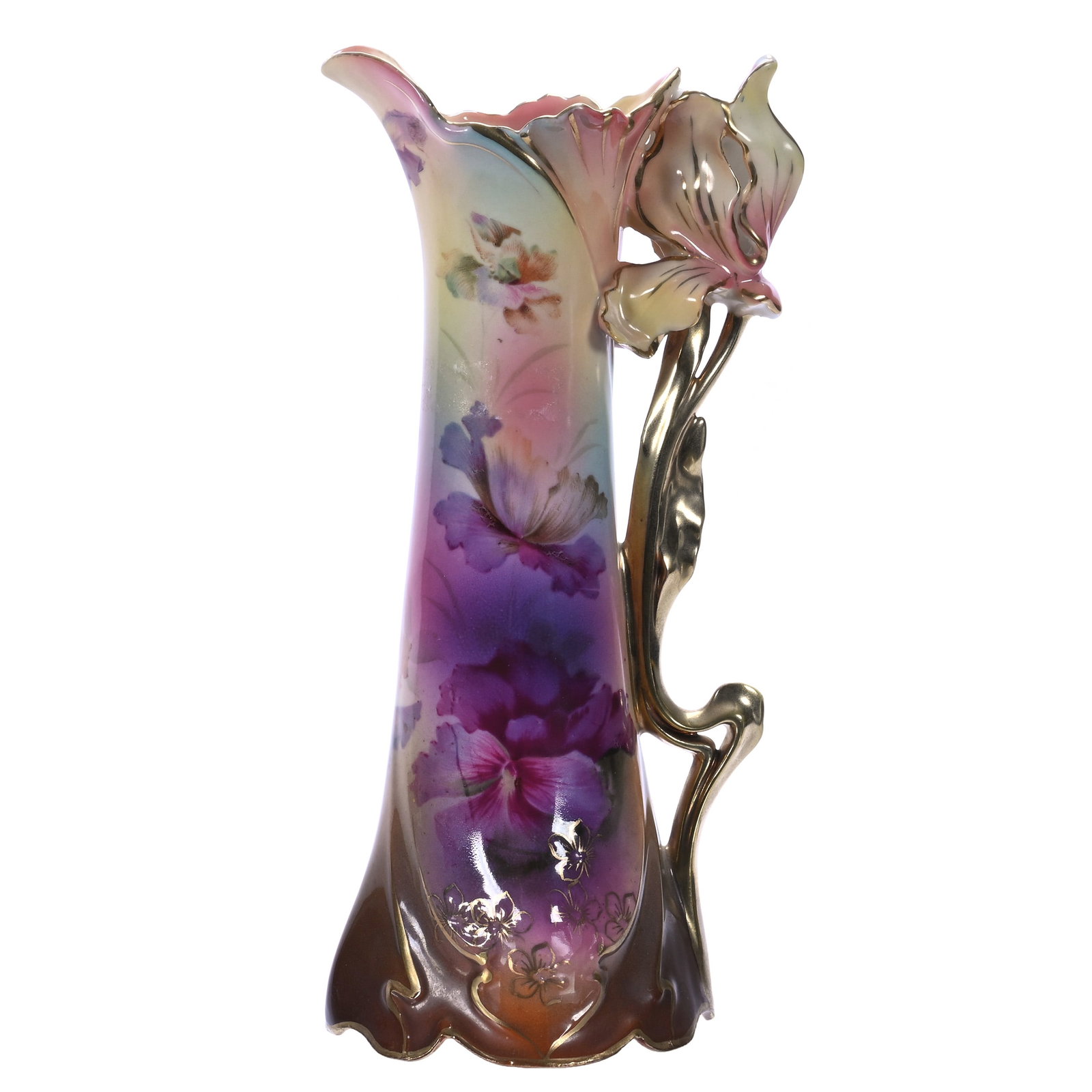 Tulip Handled Ewer, Marked Royal Vienna: Tulip Handled Ewer, Marked Royal Vienna, Brown, Lavender, Green, And Yellow Tones With Poppy Decor, 9 x 4.25 x 3.5 Inches, Bob & JoAnn Bozell Collection, IN, 0.7 Pounds. Effective 6/6/26, All LiveAuct