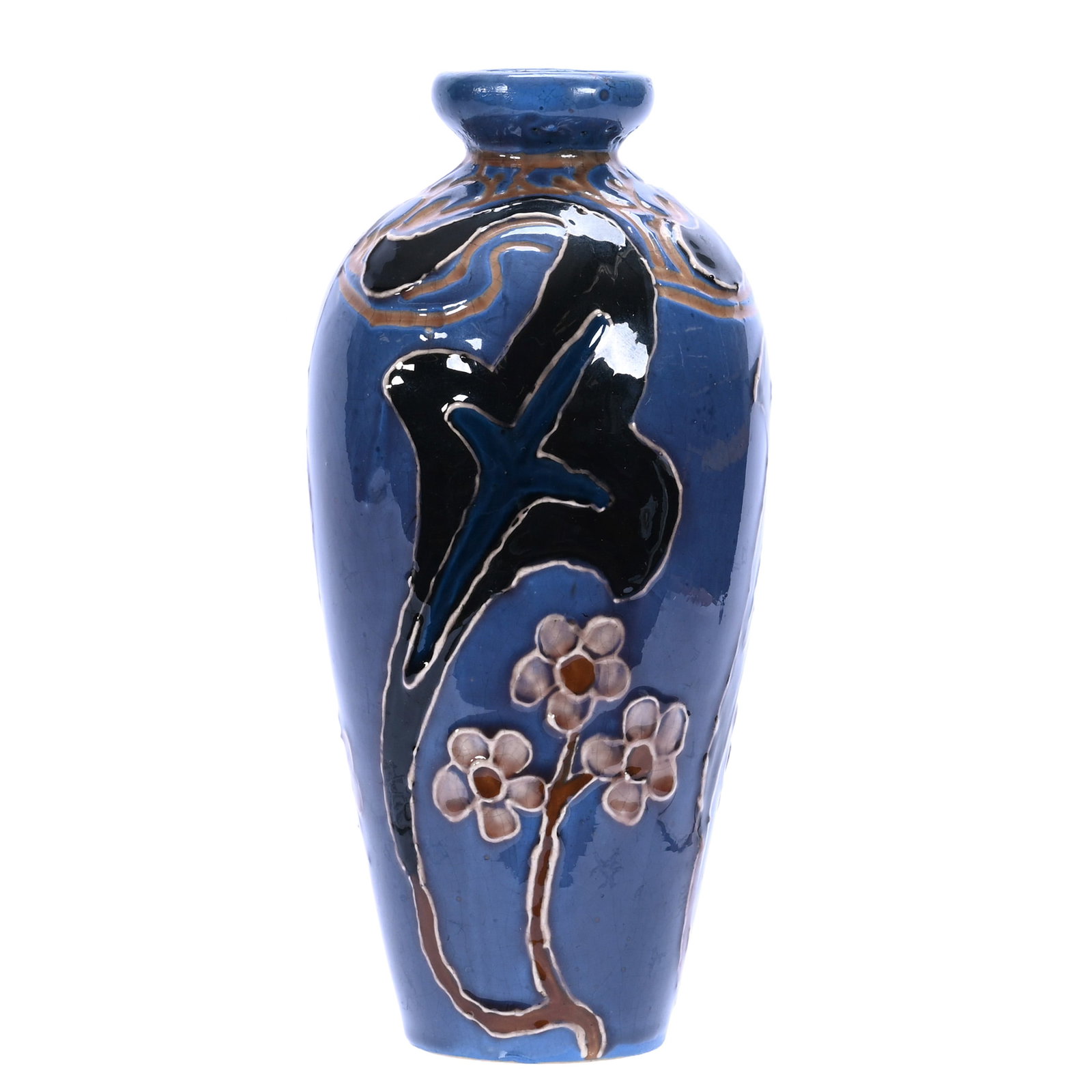 Vase, Marked Avon Faience Art Pottery By Frederick Rhead: Vase, Marked Avon Faience Art Pottery By Frederick Rhead, 7.5 x 3.5 x 3.5 Inches, Squeeze Bag Design Featuring Blue Background With Green, Blue, Cream, And Pink Decorative Design, #Z165-1005, 0.9 Poun