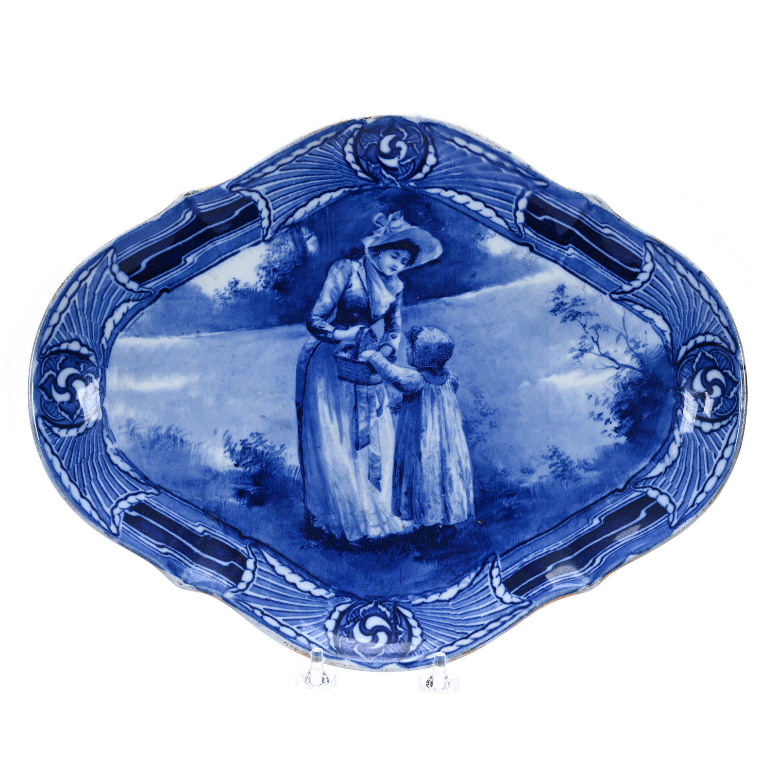 Diamond Shaped Tray, Flow Blue Marked Royal Doulton, Children's Series: Diamond Shaped Tray, Flow Blue Marked Royal Doulton, Children's Series, 13 x 10 x 1.25 Inches, Aubrey Pattern, Featuring Mother And Child, 1.7 Pounds, Dr. James F. Shetlar Estate, Michigan. Effective