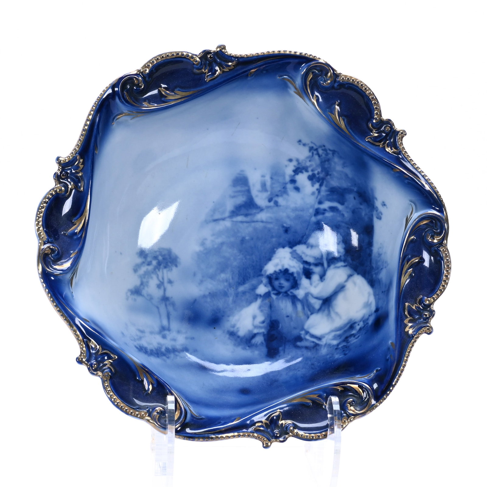 Bowl, Flow Blue Royal Bayreuth Blue Mark: Bowl, Flow Blue Royal Bayreuth Blue Mark, 10.5 x 10.5 x 3.5 Inches, Babes In Woods Scenic Decor, Mark Is Faint, 1.3 Pounds, Dr. James F. Shetlar Estate, Michigan. Effective 6/6/26, All