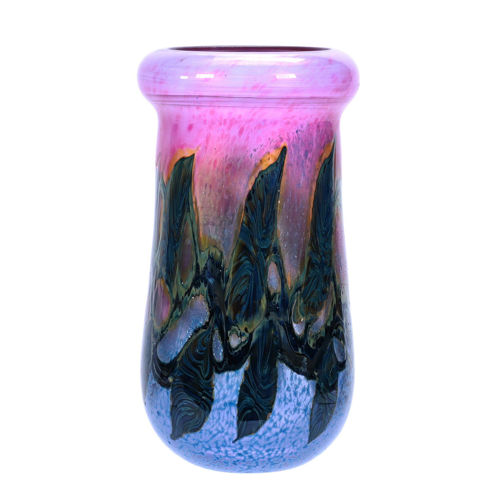 Vase, Signed Lotton, Dated 1991: Vase, Signed Lotton, Dated 1991, 8 x 4.25 x 4.25 Inches, Art Glass, Lily & Vine Pattern, Pink And Blue Mottled Background With Swirled Leaf Design, 2.3 Pounds, Barbara Shulhof Estate. Effective