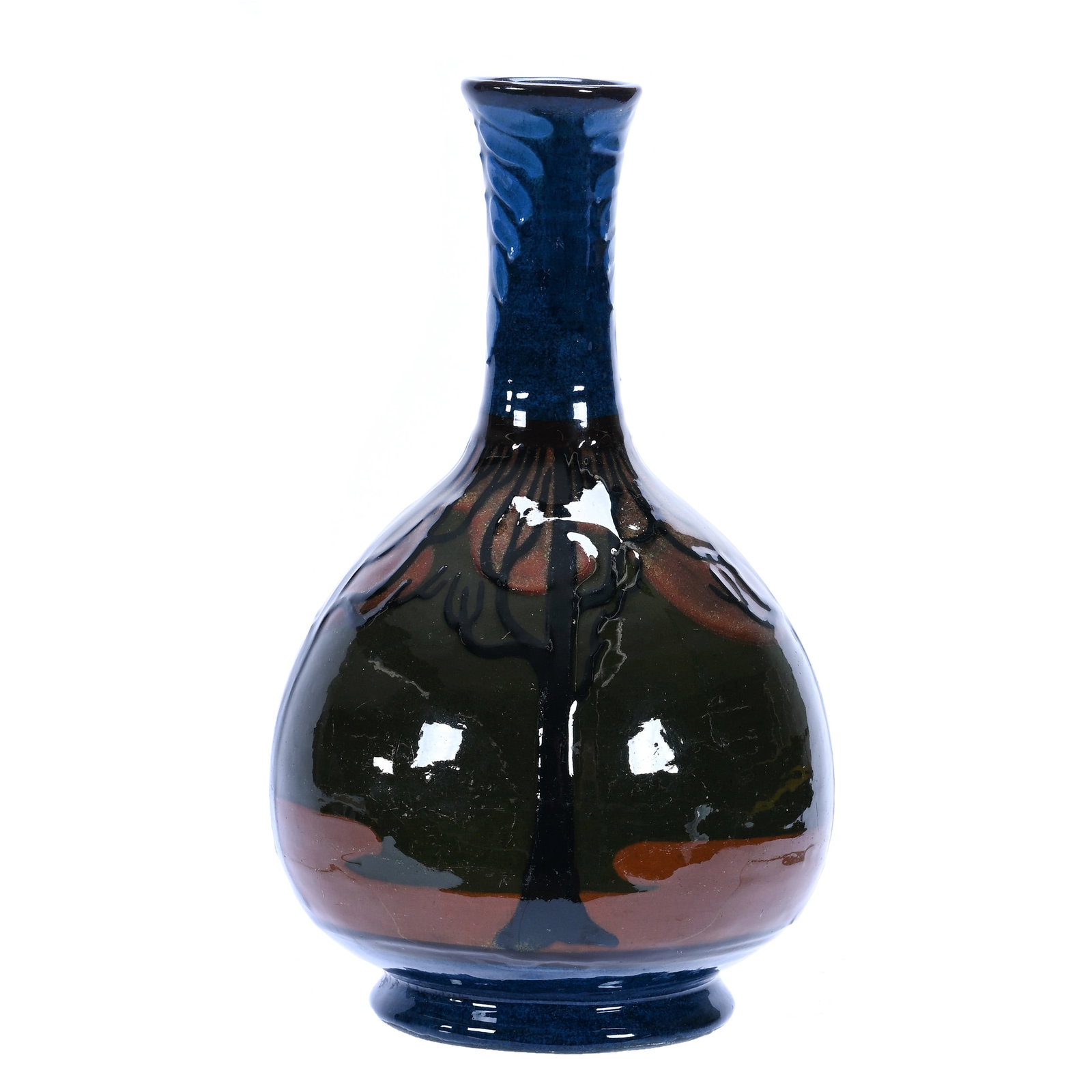 Vase, Unmarked Avon Faience Art Pottery By Albert Cusick: Vase, Unmarked Avon Faience Art Pottery By Albert Cusick, 8 x 4.75 x 4.75 Inches, Squeeze Bag Design Featuring Lake And Tree Decor, Cobalt Blue, Green, And Brown Tones, Artist Signed Cusick, 1 Pound, 