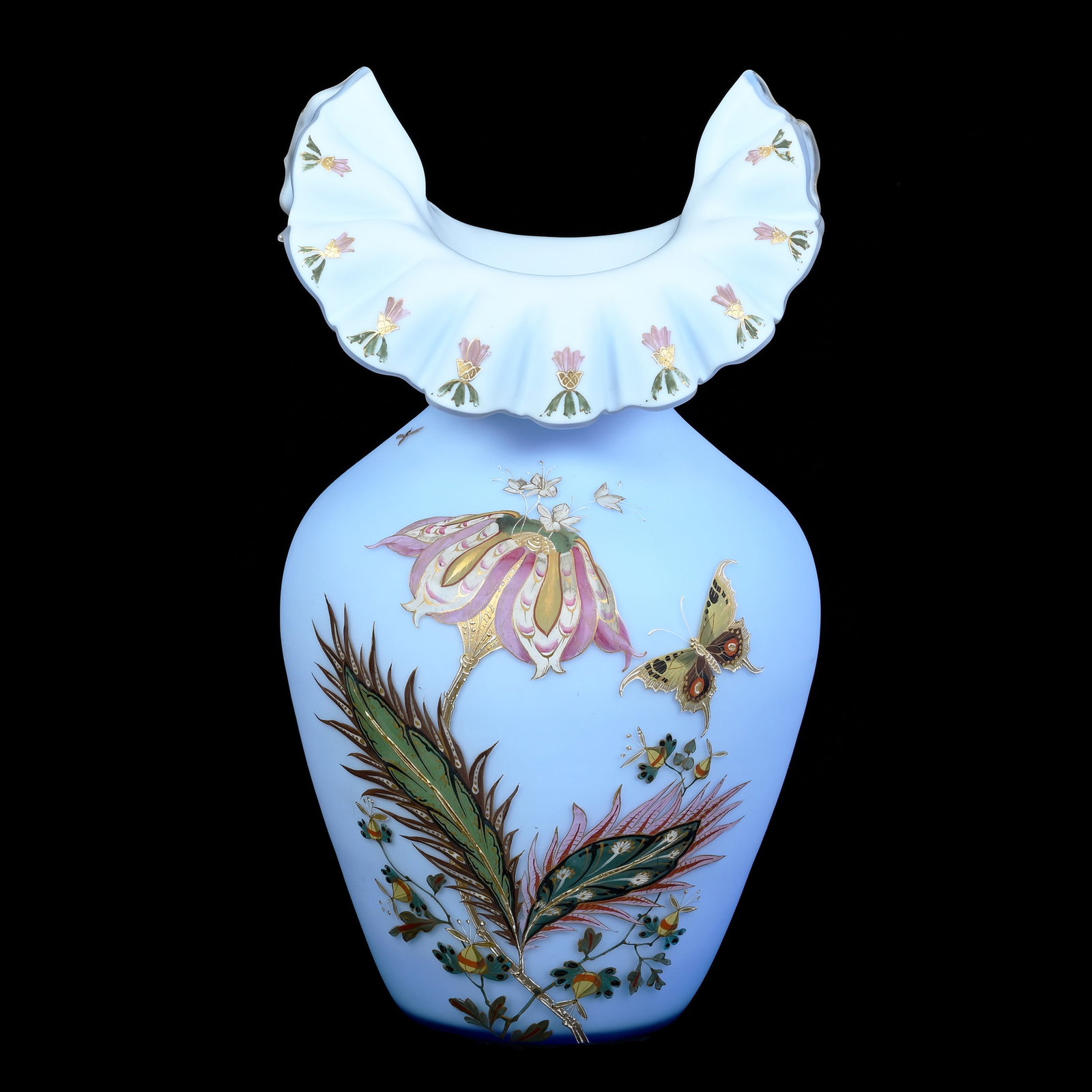Vase, Blue Satin Art Glass: Vase, Blue Satin Art Glass, 12 x 6.75 x 6.75 Inches, Heavy Enamel Floral And Butterfly Decor, Elaborate Ruffled Rim, Polished Pontil Base, Nice Quality, 3.5 Pounds, Barbara Shulhof Estate. Effective