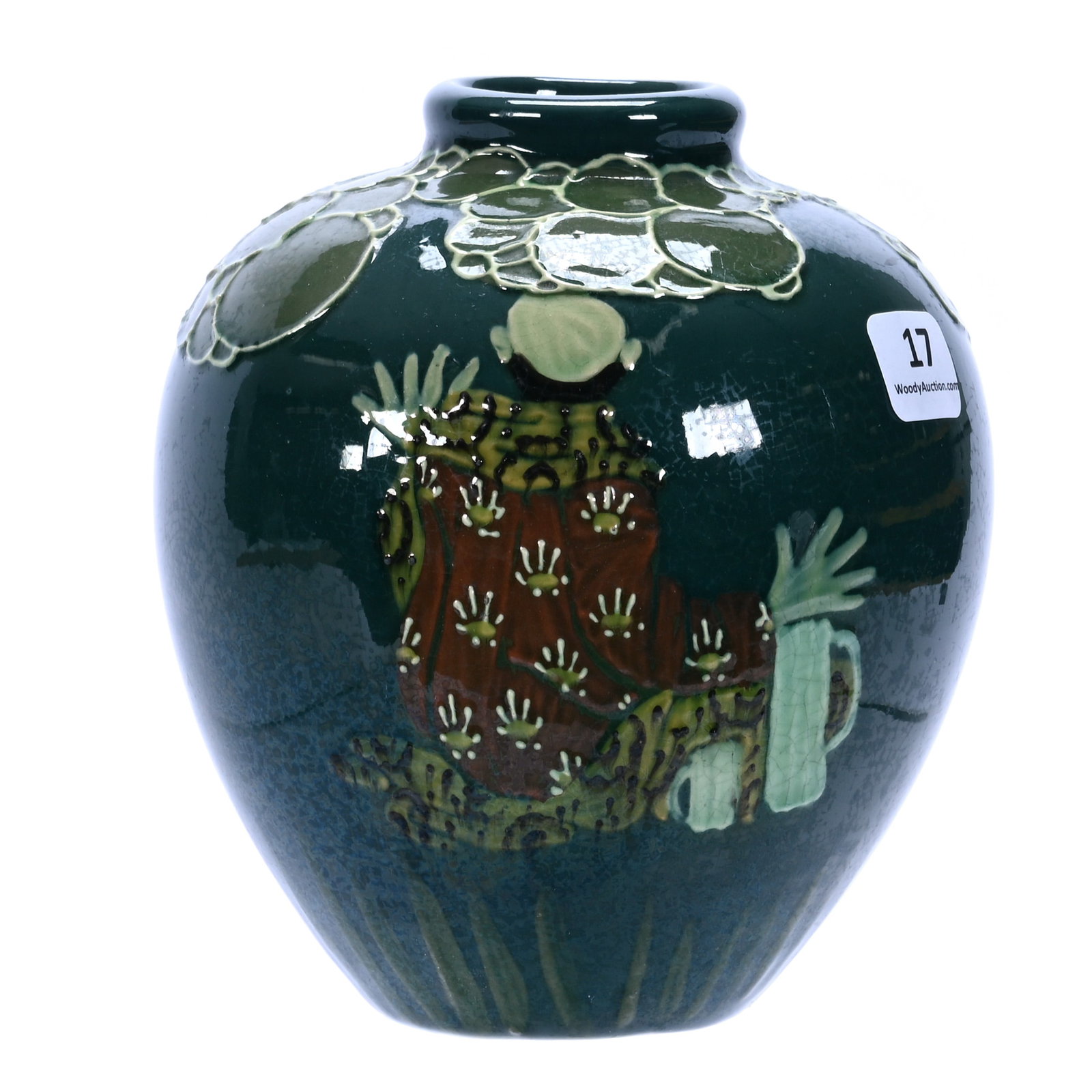 Vase, Unmarked Weller Faience Jap Birdimal By Harry Rhead: Vase, Unmarked Weller Faience Jap Birdimal By Harry Rhead, 6 x 5.25 x 5.25 Inches, Squeeze Bag Design Featuring Green Background With Seated Oriental Figure, 1.7 Pounds, Douglas Millhoff Collection, O