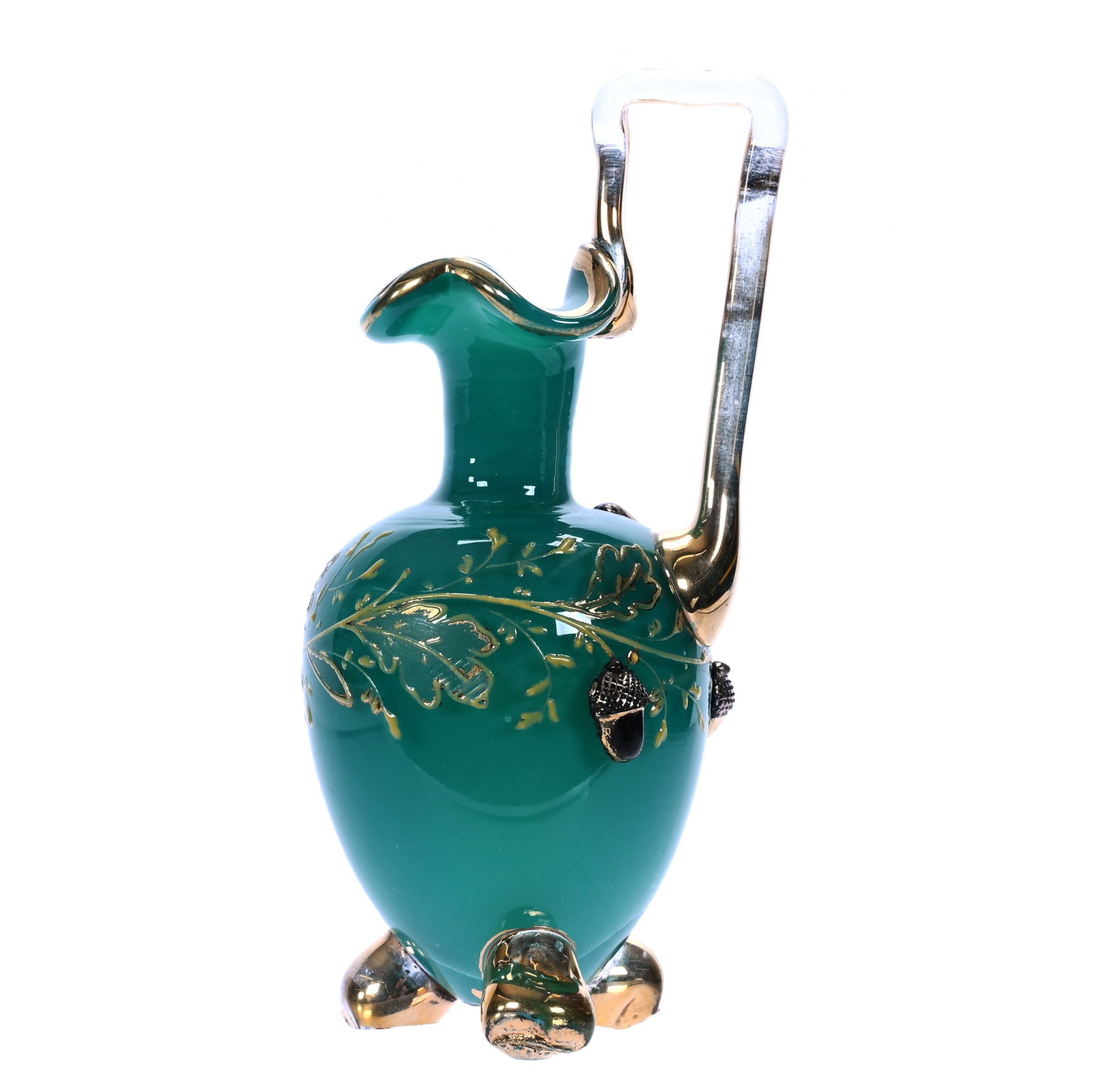 Miniature Ewer, Unmarked Moser Art Glass: Miniature Ewer, Unmarked Moser Art Glass, 3.5 x 1.75 x 1.5 Inches, Cased Green Opaque Body With Enamel Branch And Applied Acorn Decor, 0.1 Pounds, Barbara Shulhof Estate. Effective 6/6/26, All