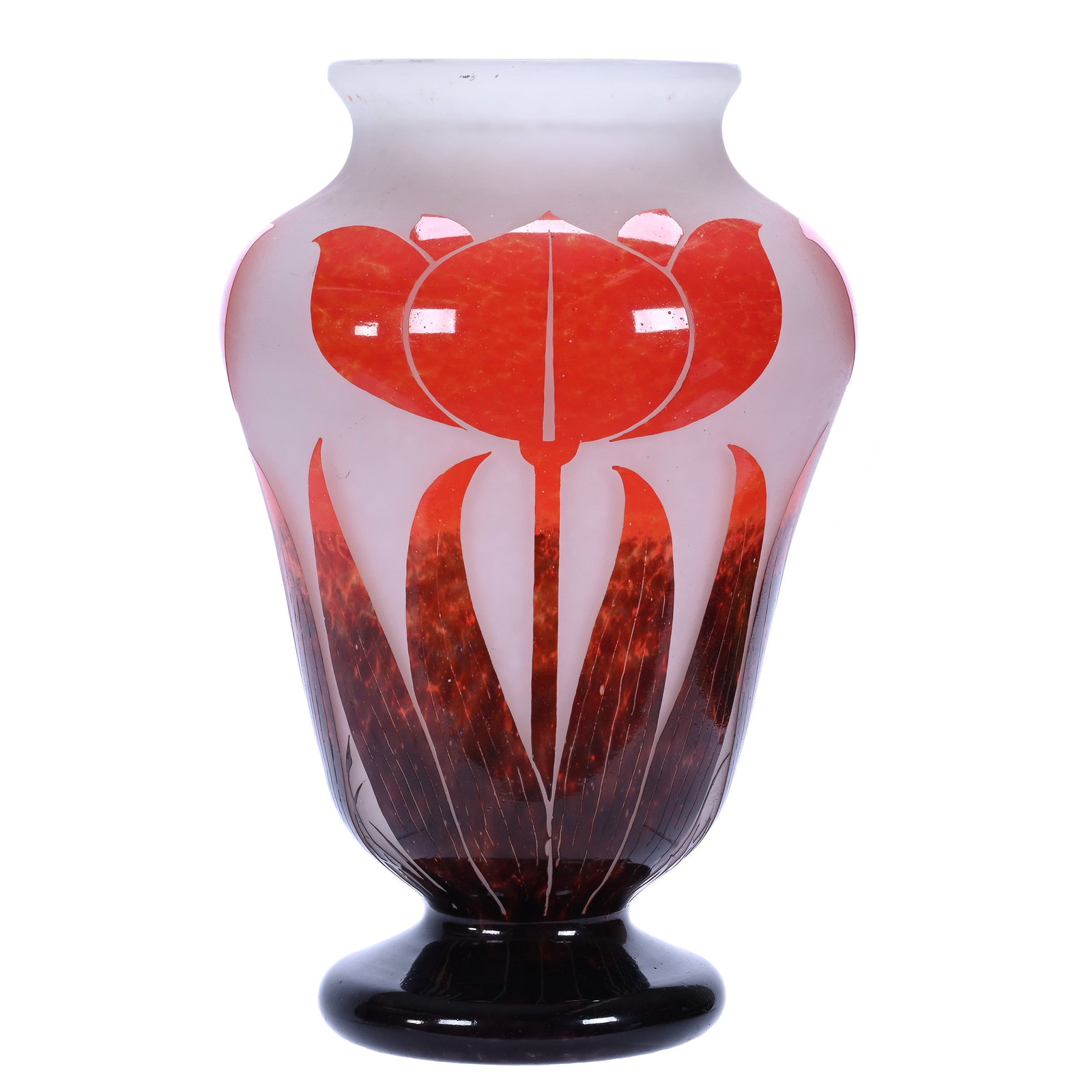 Massive Pedestal Vase, French Cameo Art Glass, Signed Degue: Massive Pedestal Vase, French Cameo Art Glass, Signed Degue, 16.75 x 10.5 x 10.5 Inches, Frosted White Background With Orange And Lavender Cameo Cutback Tulip Overlay, Circa Mid 1920s, 14.6 Pounds, Pr