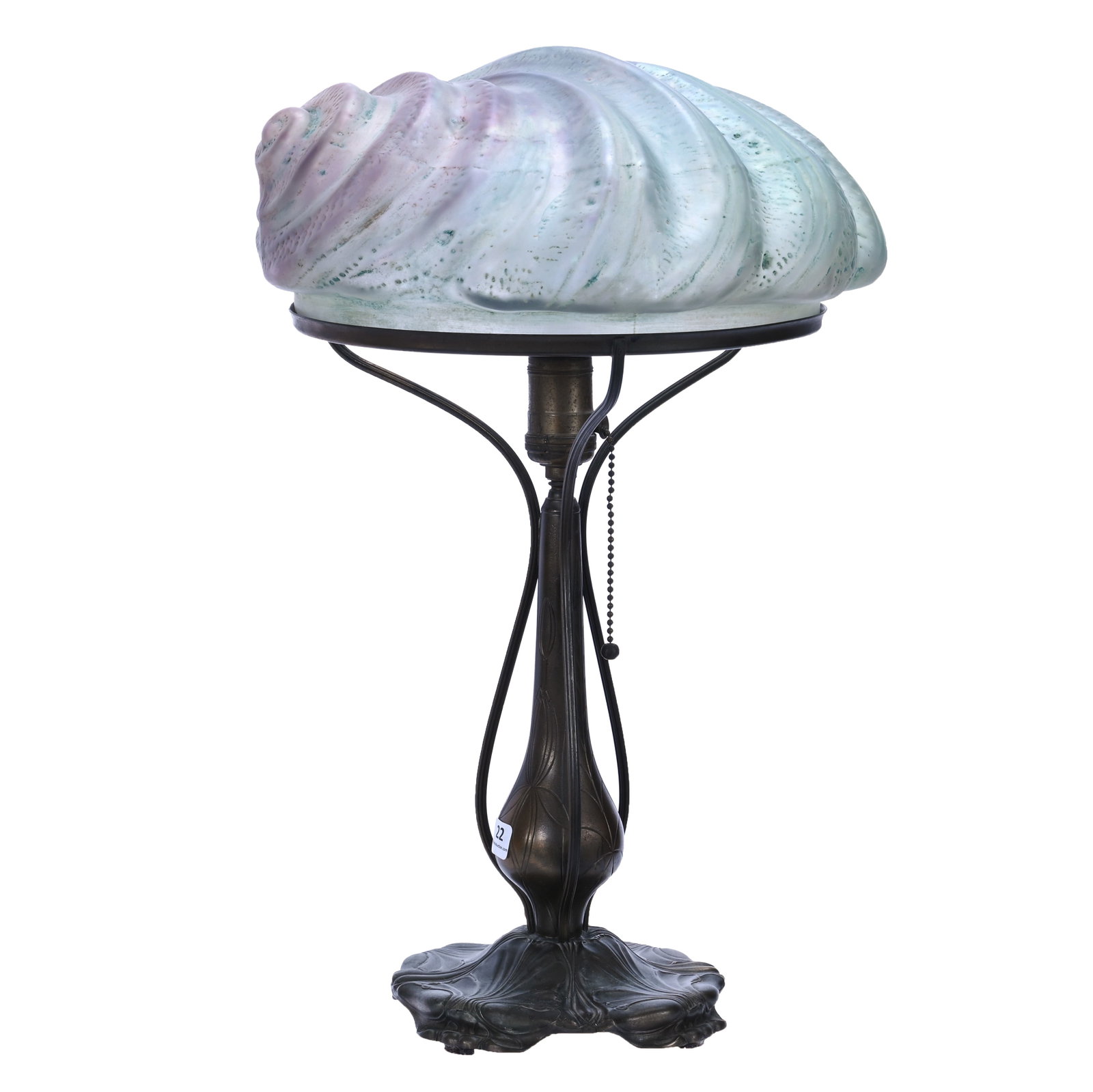 Table Lamp, Pairpoint Novelty "Puffy" Nautilus Shell: Table Lamp, Pairpoint Novelty "Puffy" Nautilus Shell, 19 x 12 x 12 Inches, Pastel Green And Lavender Colors On The Single Rarest Form Shade By Pairpoint Woody Auction Has Ever Sold, The Shade Is Doubl