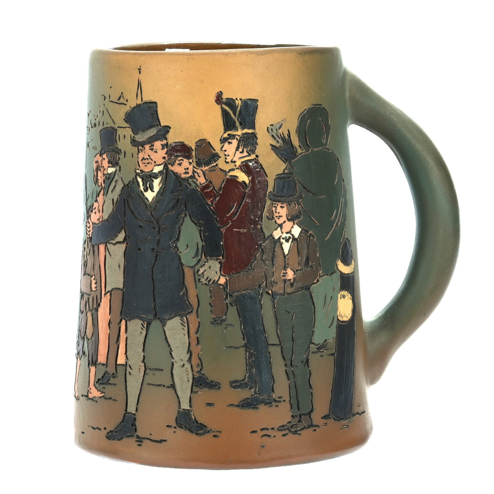 Mug, Marked Weller Dickensware: Mug, Marked Weller Dickensware, 5.25 x 5 x 4 Inches, Street Scene And David Copperfield Quote, "Mr. Micawber Impressing The Names Of Streets Upon Me That I Might Find My Way Back Early In The Morning"