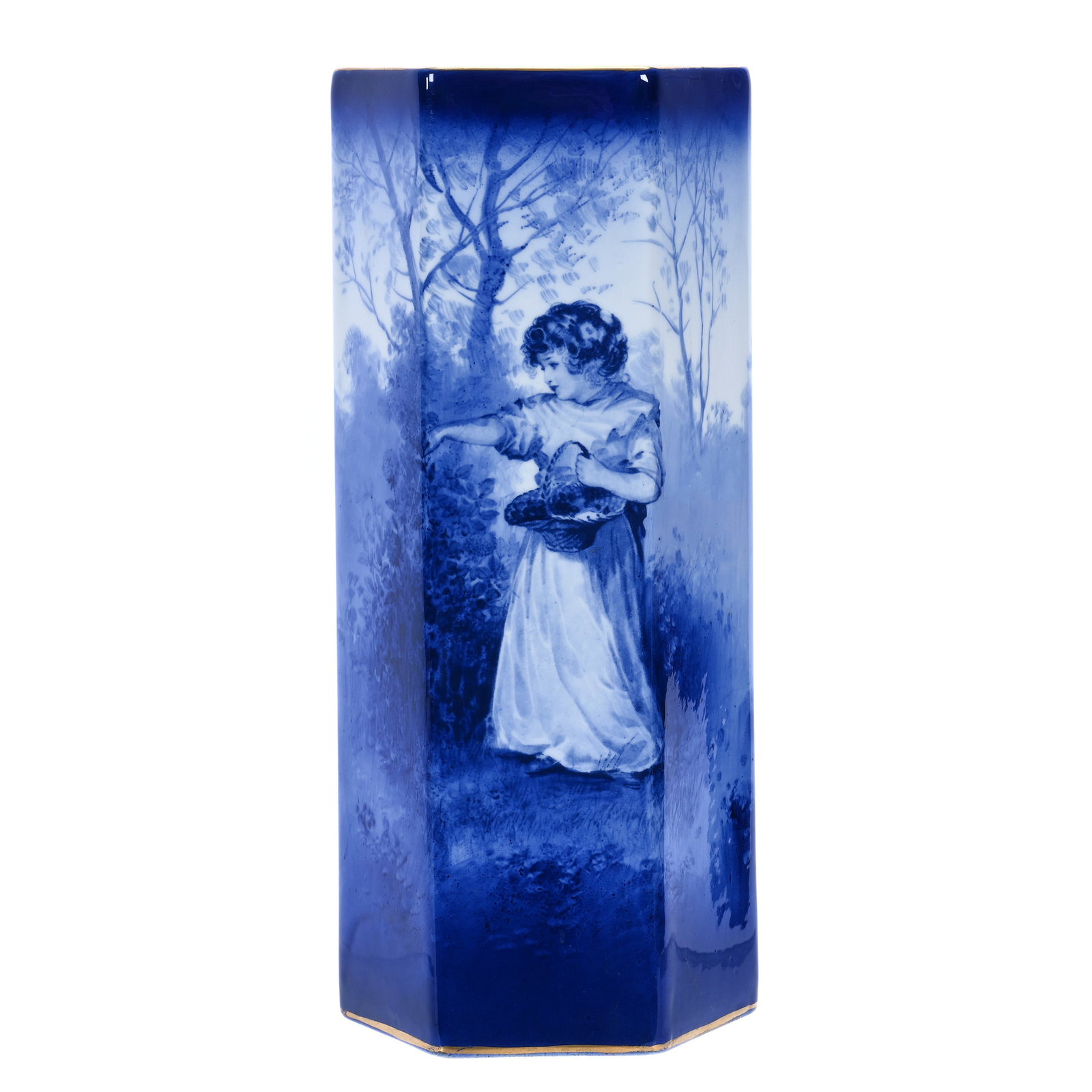 Hexagonal Vase, Flow Blue Marked Royal Doulton: Hexagonal Vase, Flow Blue Marked Royal Doulton, 10 x 4.25 x 4 Inches, Babes In Woods Scenic Decor, 2.1 Pounds, Dr. James F. Shetlar Estate, Michigan. Effective 6/6/26, All LiveAuctioneers Invoices Mus