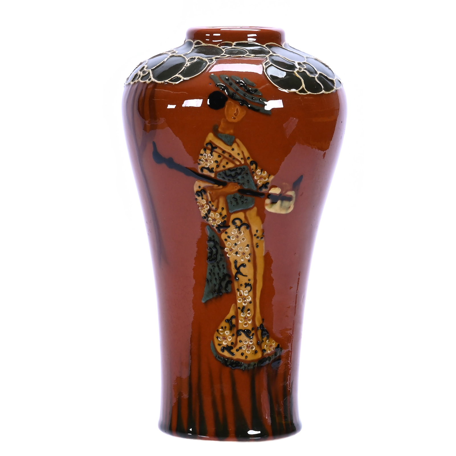 Vase, Marked Weller Faience Art Pottery Jap Birdimal By Harry Rhead: Vase, Marked Weller Faience Art Pottery Jap Birdimal By Harry Rhead, 8.25 x 4.5 x 4.5 Inches, Squeeze Bag Design Brown Background With Oriental Woman Holding Musical Instrument, 1.7 Pounds, Douglas Mi