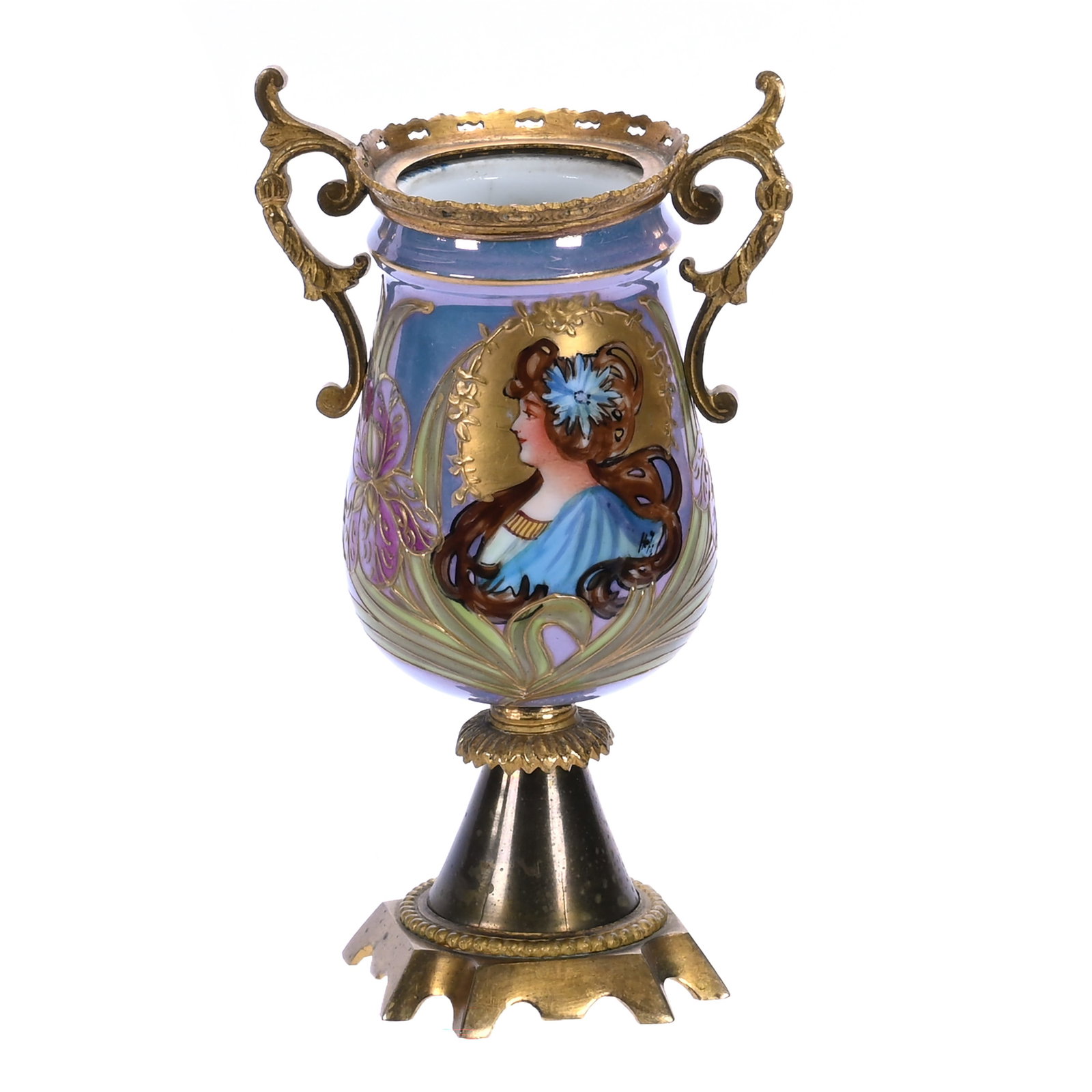 Pedestal Two Handled Vase, French Porcelain: Pedestal Two Handled Vase, French Porcelain, 6.25 x 3.5 x 2.5 Inches, Brass Mounted Fittings, Marked France, Iridescent Background With Art Nouveau Woman And Iris Decor, One Handle Slightly Bent, 0.6 