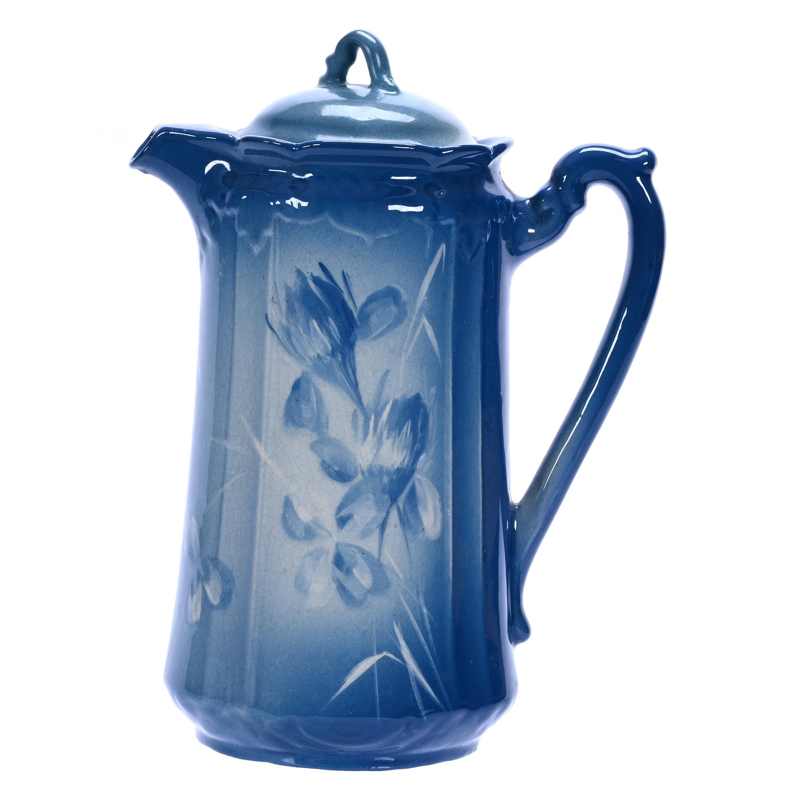 Chocolate Pot, Marked Roseville Art Pottery, Azurean Line: Chocolate Pot, Marked Roseville Art Pottery, Azurean Line, 9.5 x 7 x 4.75 Inches, Beautiful Blue And White With Floral Design, 2.3 Pounds, Douglas Millhoff Collection, Ohio. Effective 6/6/26, All Live