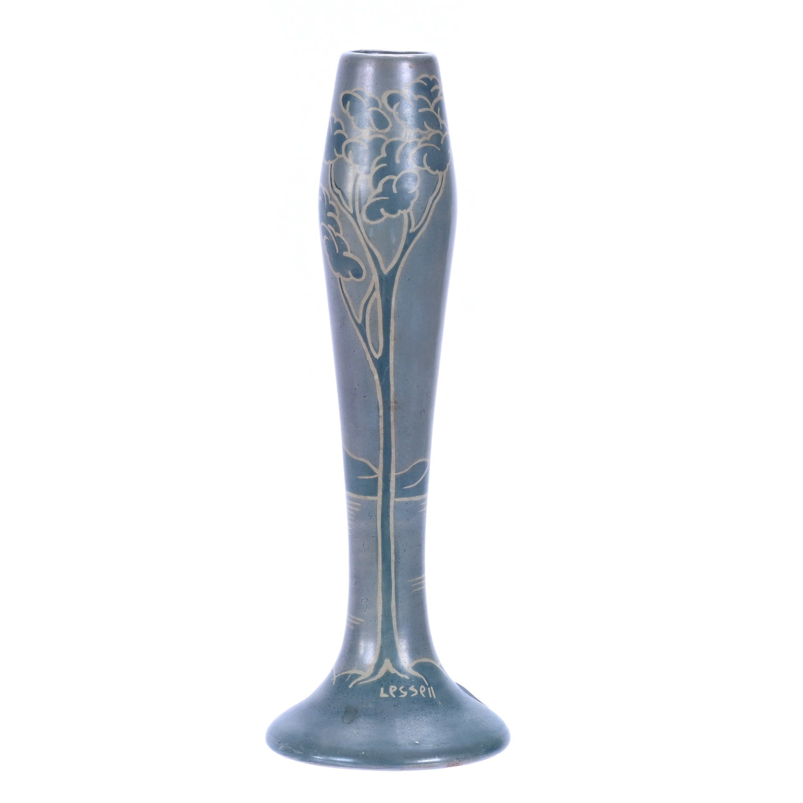 Bud Vase, Unmarked Camark Art Pottery: Bud Vase, Unmarked Camark Art Pottery, 9 x 3.25 x 3.25 Inches, Blue And White Tones With Silhouette Lake And Tree Decor, Artist Signed Lessell, 0.7 Pounds, Douglas Millhoff Collection, Ohio. Effective