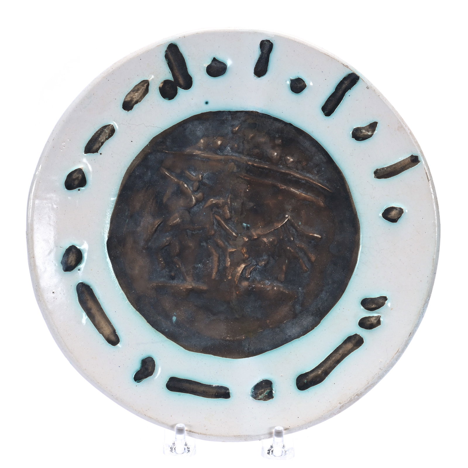 Plate, Authentic Pablo Picasso "Picador": Plate, Authentic Pablo Picasso "Picador", 9.5 x 9.5 x 1 Inches, White With Bronze Embossed Center With Blue Toned Highlights, Bull Fighting Scene, Circa 1953, 1.1 Pounds, Private Collection, Kansas. E