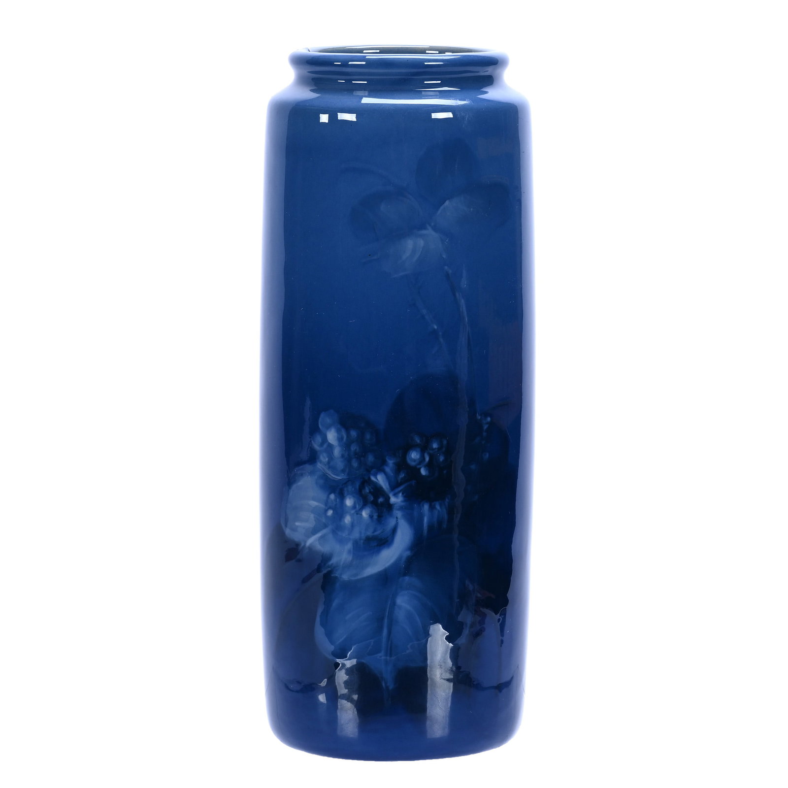 Cylinder Vase, Marked Weller Art Pottery: Cylinder Vase, Marked Weller Art Pottery, 10.5 x 4 x 4 Inches, Louwelsa Blue With Berry Branch Decor, Rim Has Some Glaze Loss, 2.5 Pounds, Douglas Millhoff Collection, Ohio. Effective 6/6/26, All Live