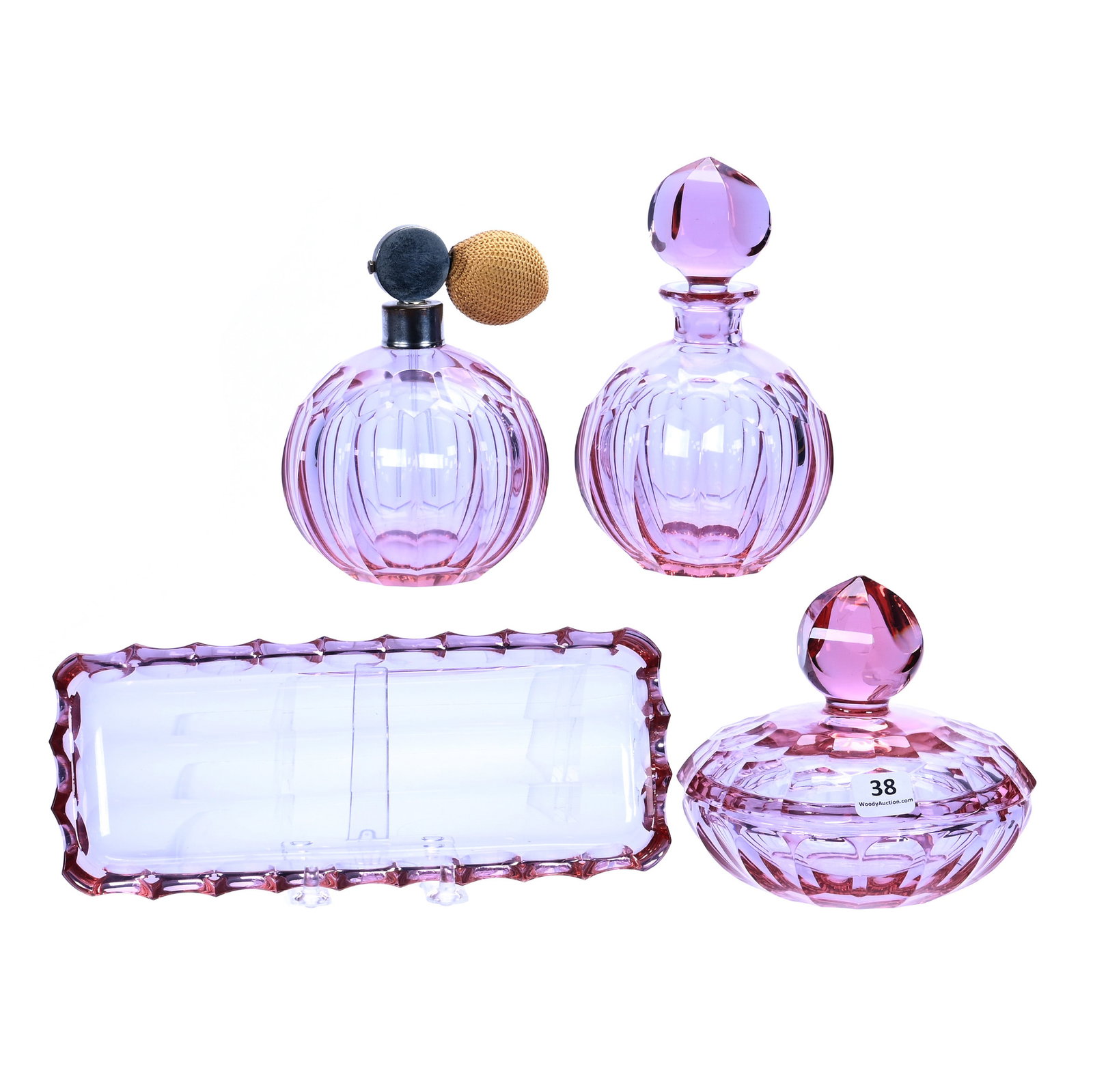 (4) Piece Vanity Set, Unmarked Art Glass In The Style Of Moser (1 of 3)