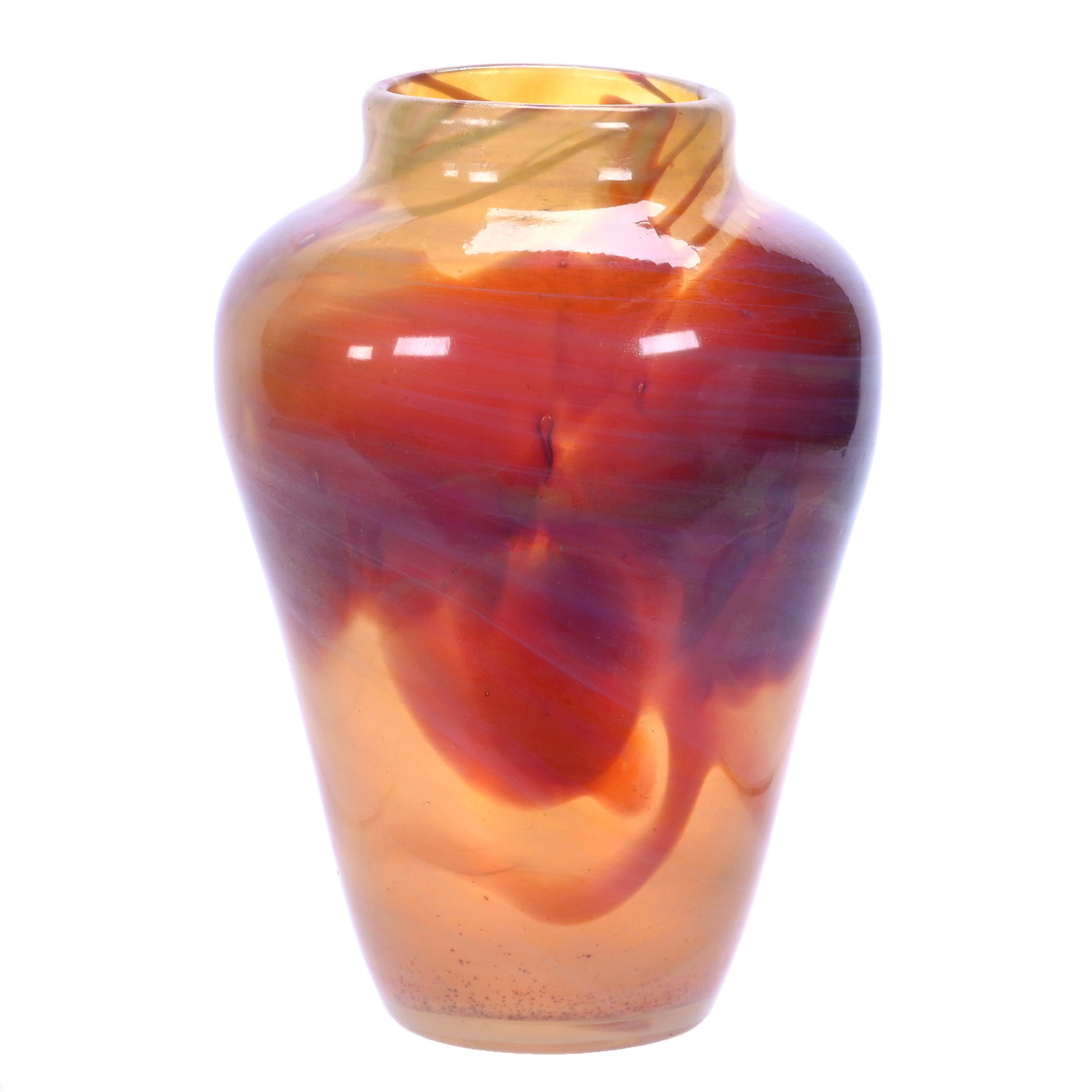 Paperweight Vase, Signed L.C.T. (Louis Comfort Tiffany), #6674B: Paperweight Vase, Signed L.C.T. (Louis Comfort Tiffany), #6674B, 8.25 x 5.75 x 5.75 Inches, Translucent Iridescent Gold With Red And Opal Mottled Highlights, 2.6 Pounds, William "Bill" Wright Collecti